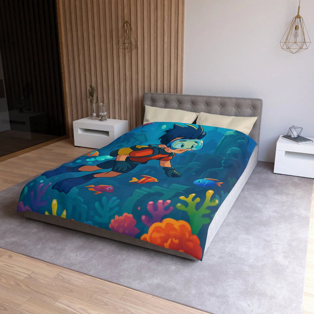 Housse de couette colorée avec plongeur et ruines sous-marines, poissons tropicaux vibrants