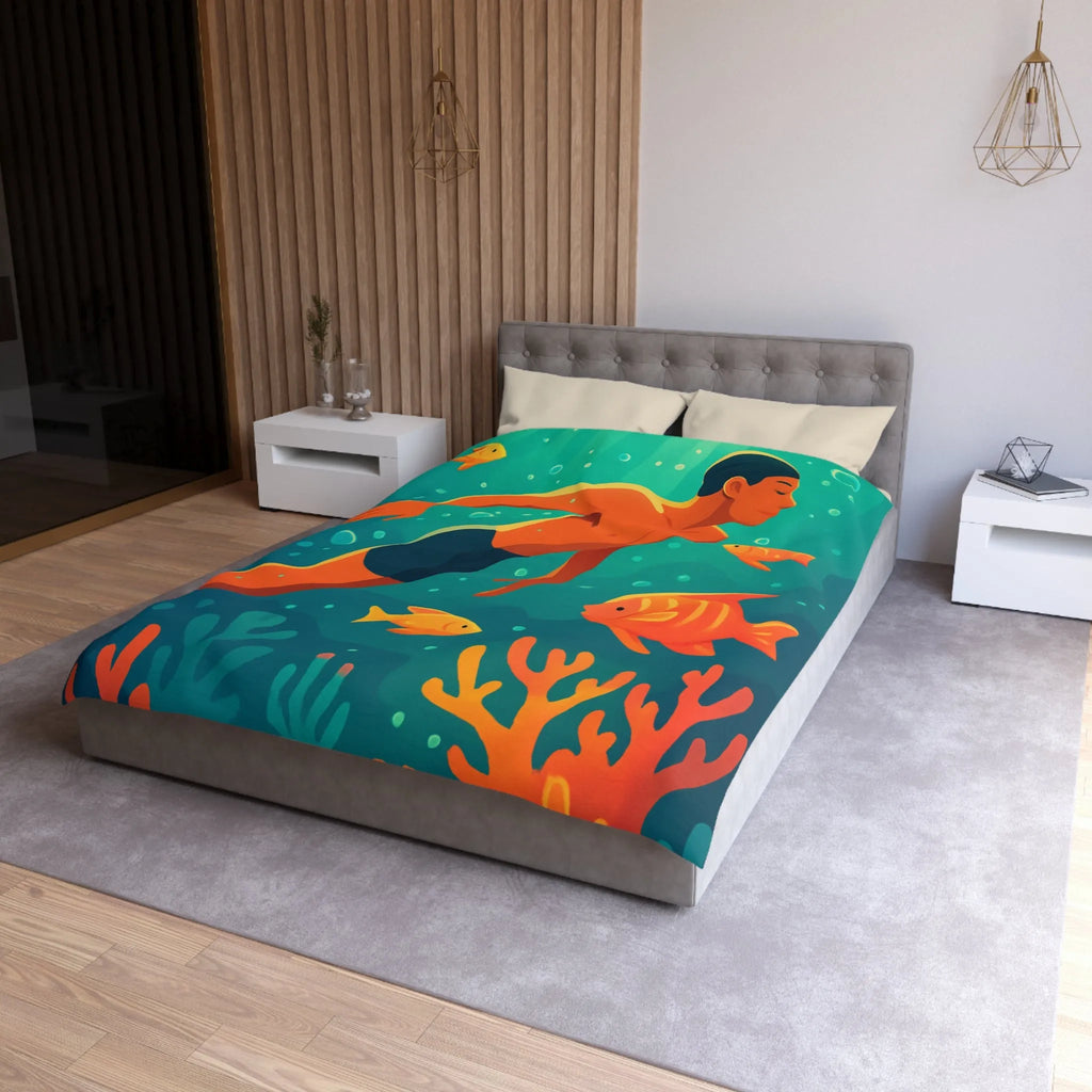 Housse de couette avec motif nageur et poissons tropicaux vifs pour chambre apaisante