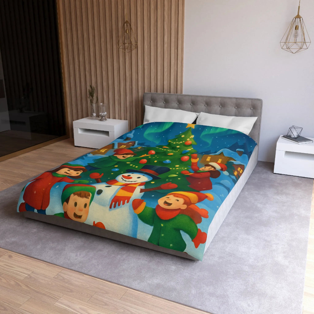Housse de couette enfants scène festive avec bonhomme de neige et aurore boréale lumineuse