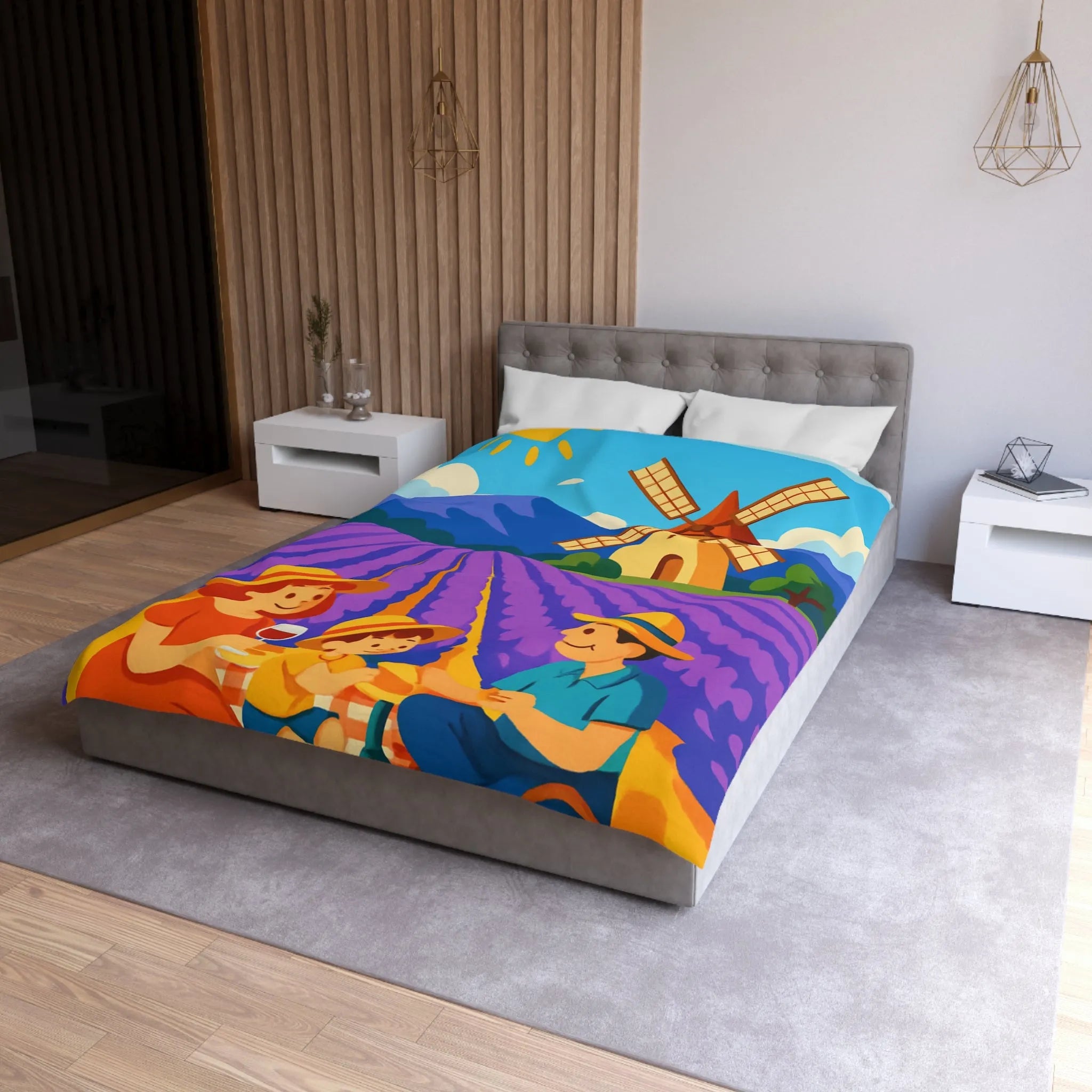 Housse de Couette Illustrée Scène de Pique-Nique en Provence avec Moulin à Vent