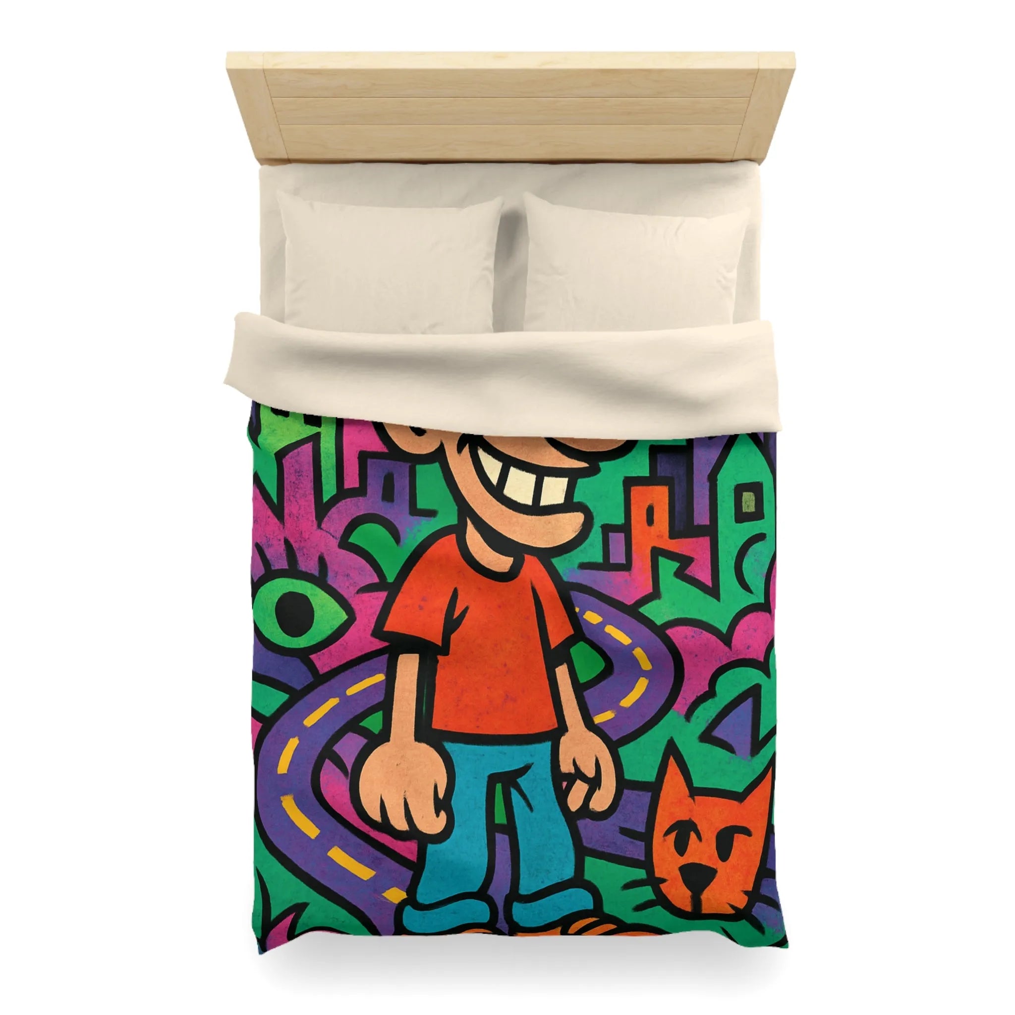 Housse de couette colorée motifs urbains et dessins animés, style pop art dynamique