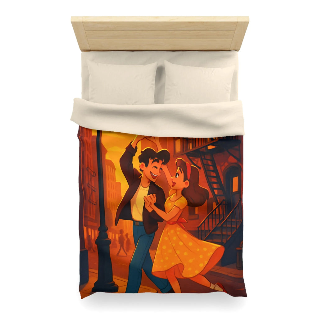 Danse romantique rétro sous réverbère vintage, ambiance urbaine crépusculaire charmante et nostalgique