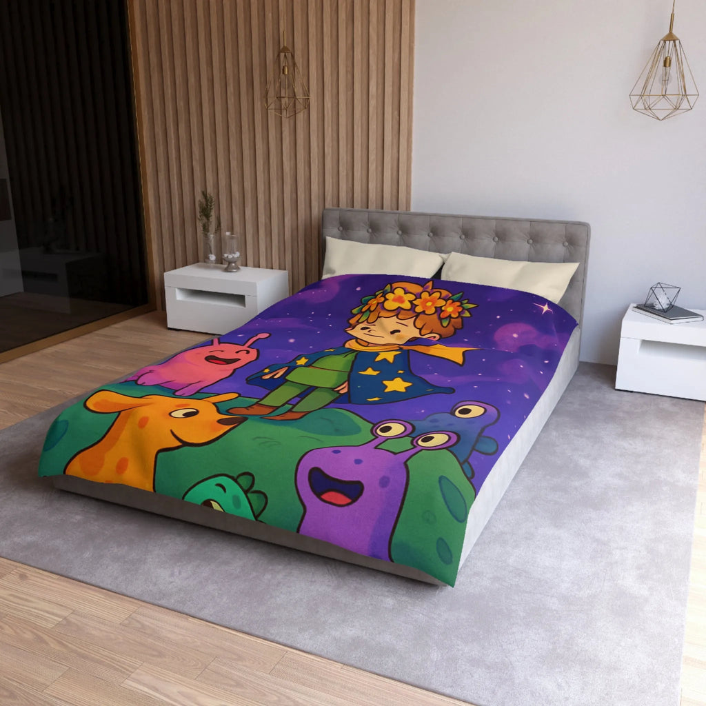 Housse de Couette Colorée Enfantine avec Enfant et Créatures sous Ciel Étoilé