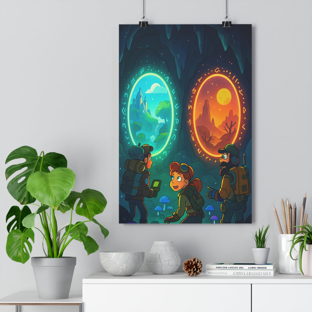 Poster décoratif aventure mystique bleu orange cartoon explorateur chambre salon vibrant dimension fantasque unique