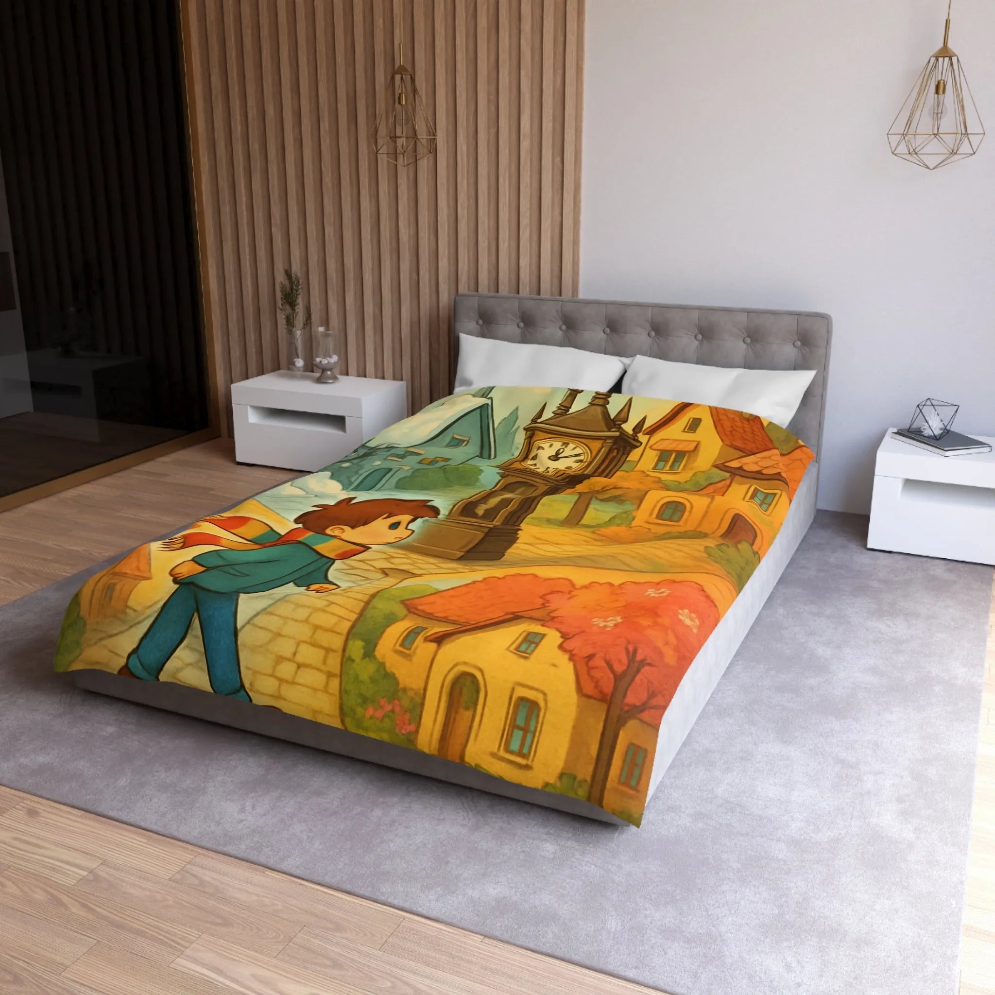 Housse de Couette Enfant Colorée avec Scène Enchanteresse de Village et Horloge Fantaisiste