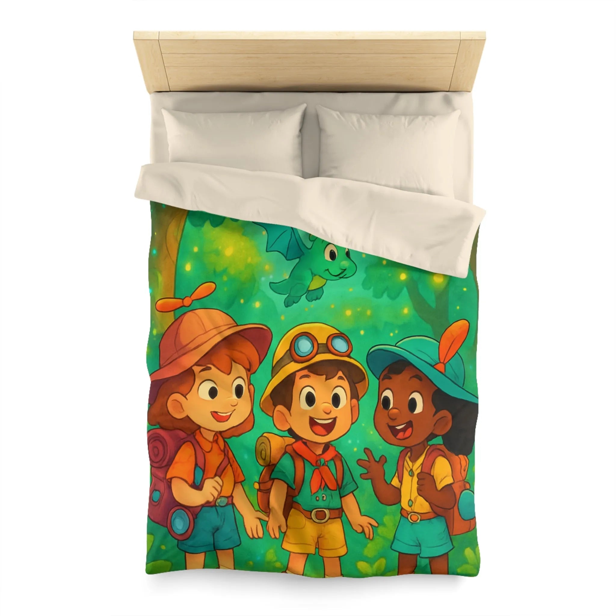 Housse de couette enfants aventure forêt avec dragons et jeunes explorateurs joyeux