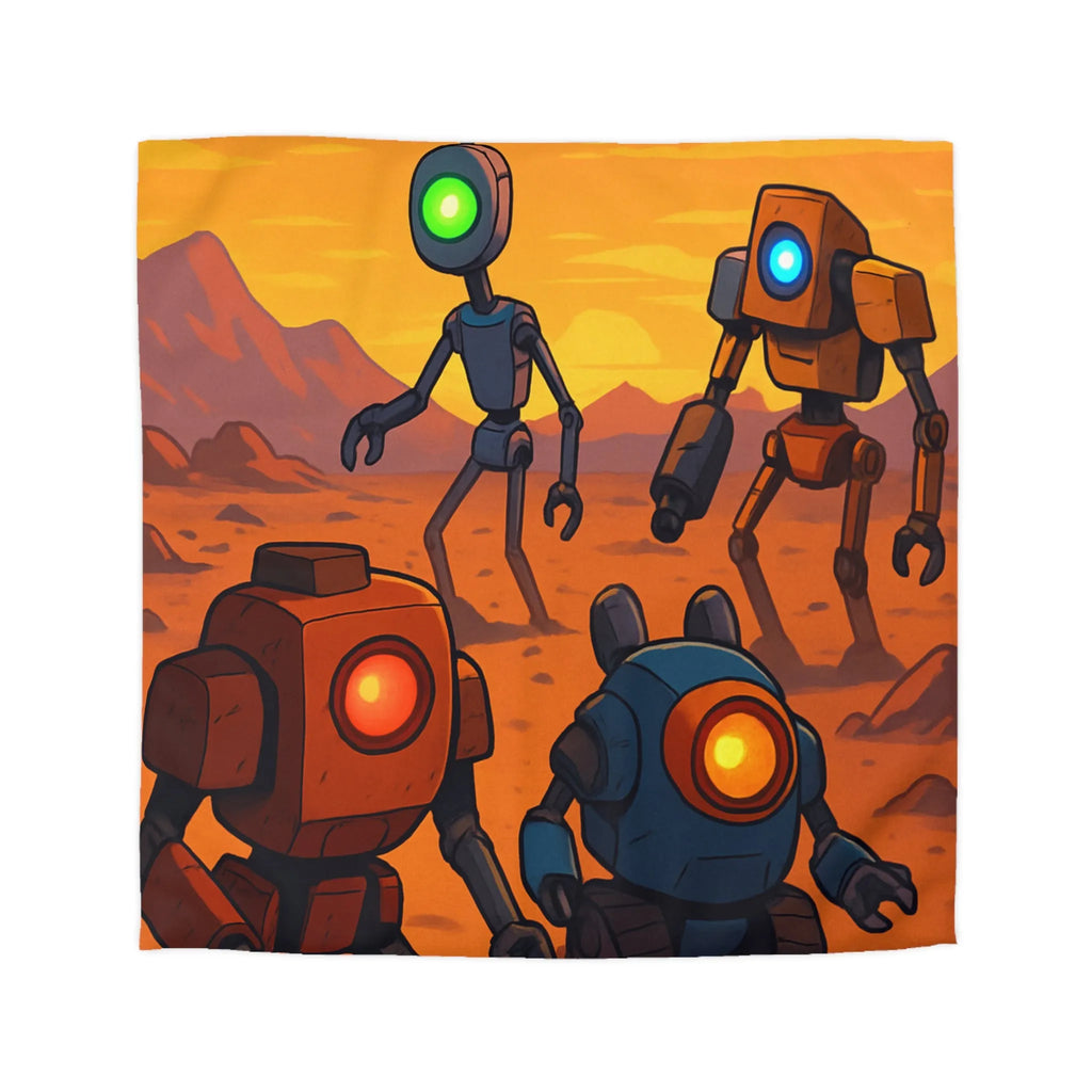 Housse de couette avec robots colorés dans un paysage désertique au coucher du soleil