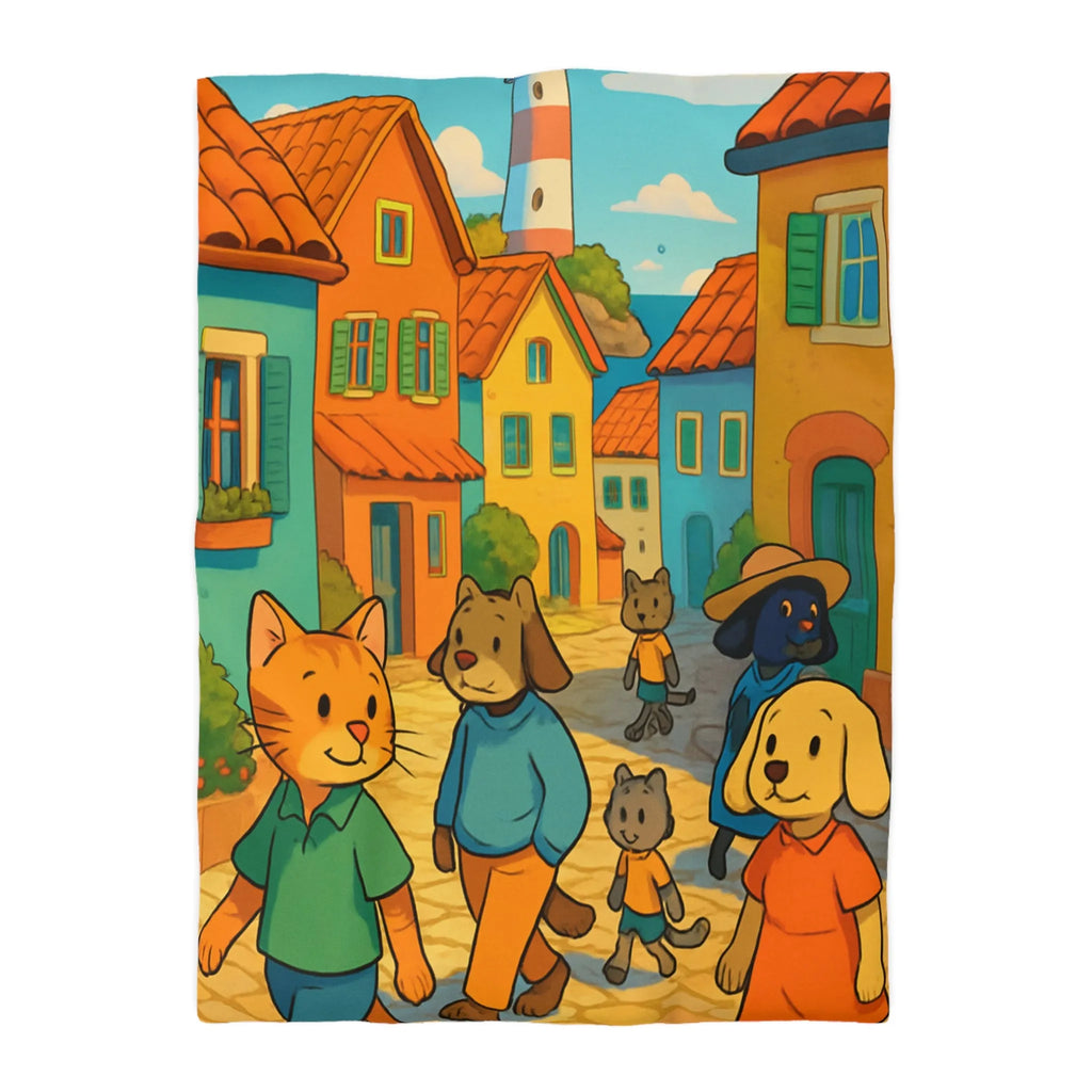 Housse de Couette Colorée avec Animaux Anthropomorphes et Lighthouse sur Rue ensoleillée