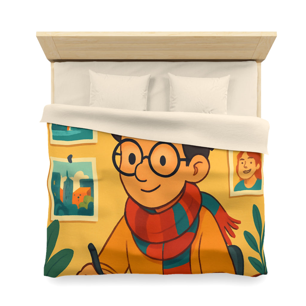 Housse de couette moderne avec illustrations colorées d'artiste travaillant dans un studio créatif