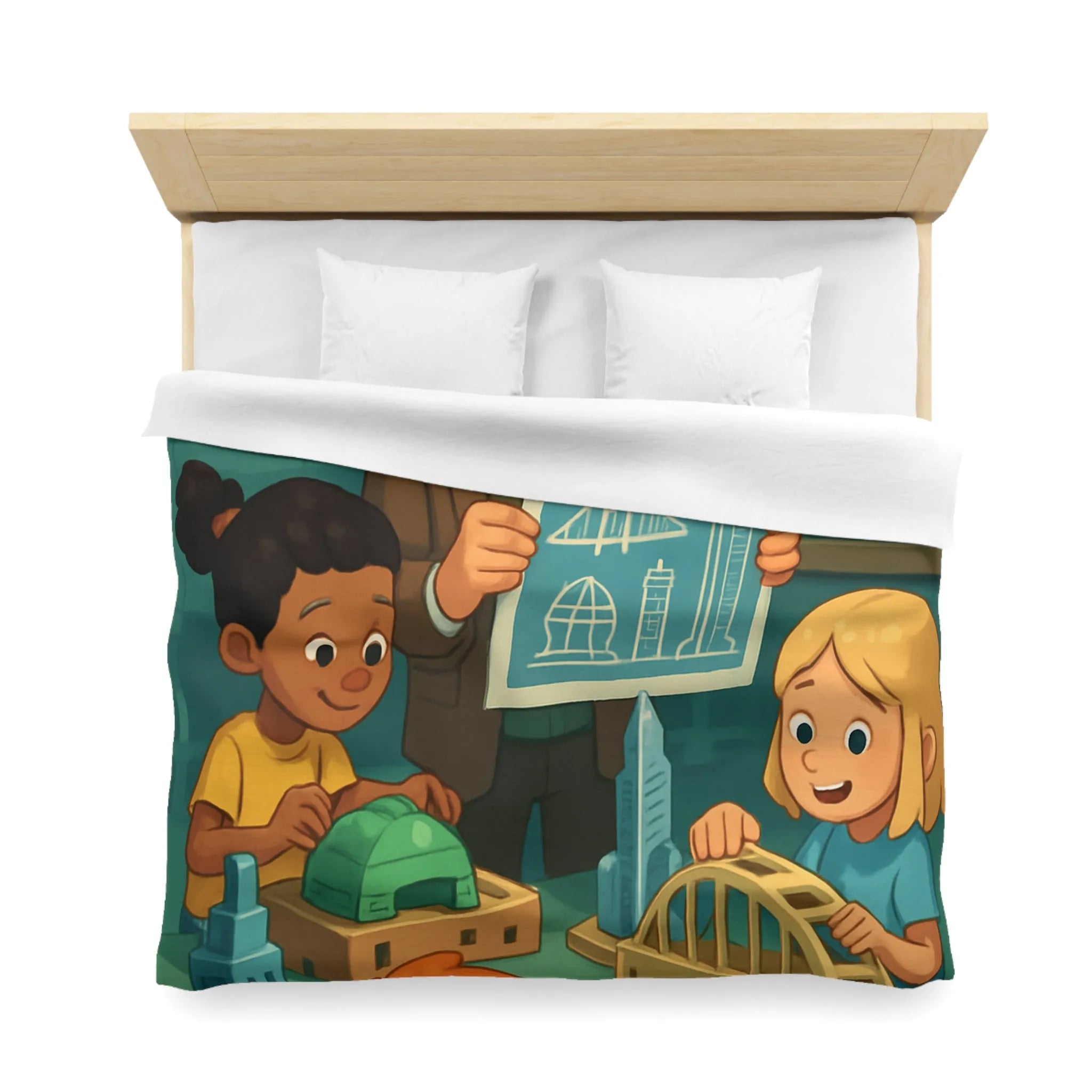 Housse de Couette Enfants Illustrant Un Atelier de Construction Ludique et Éducatif