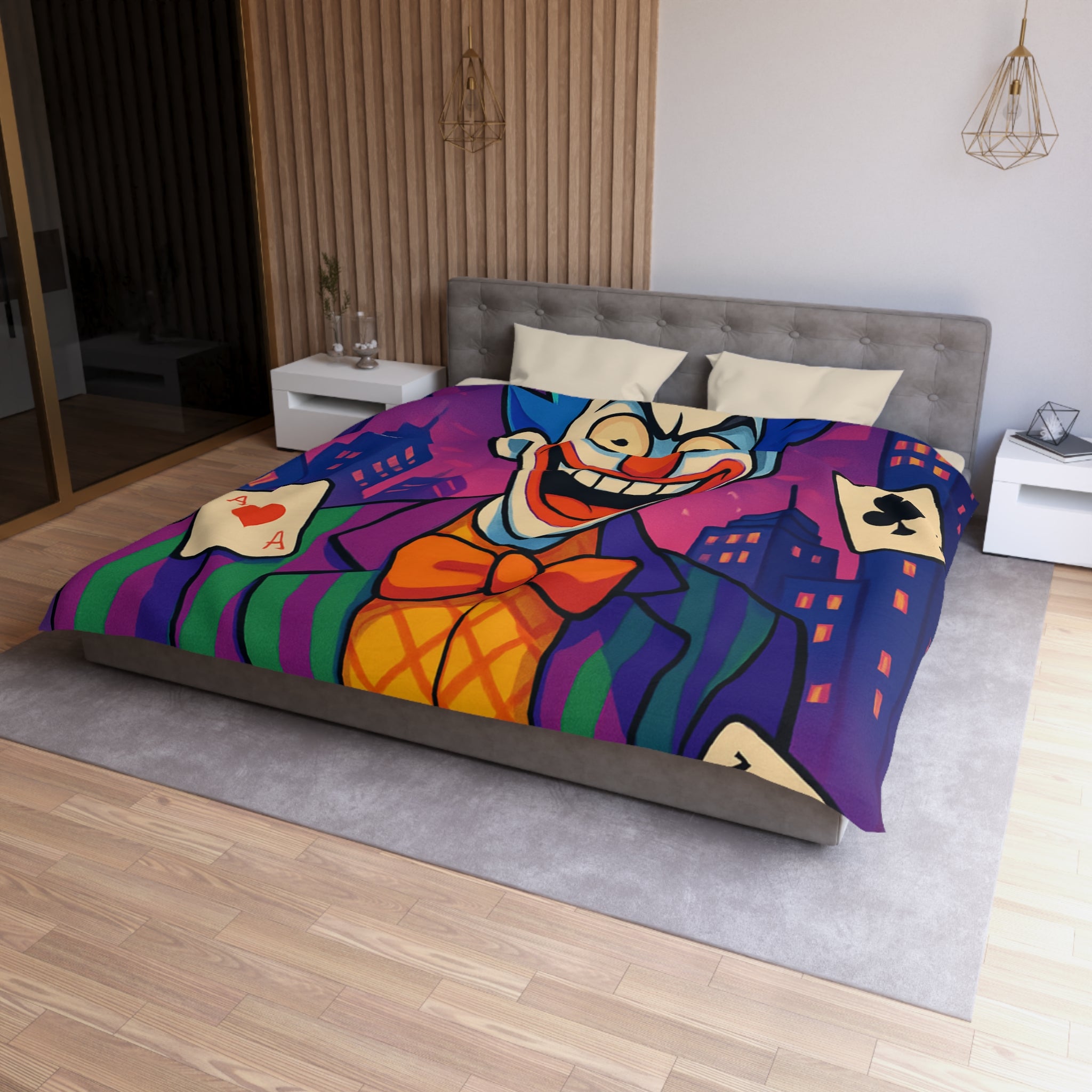 Housse de couette vibrante avec clown effrayant et cartes à jouer en arrière-plan urbain