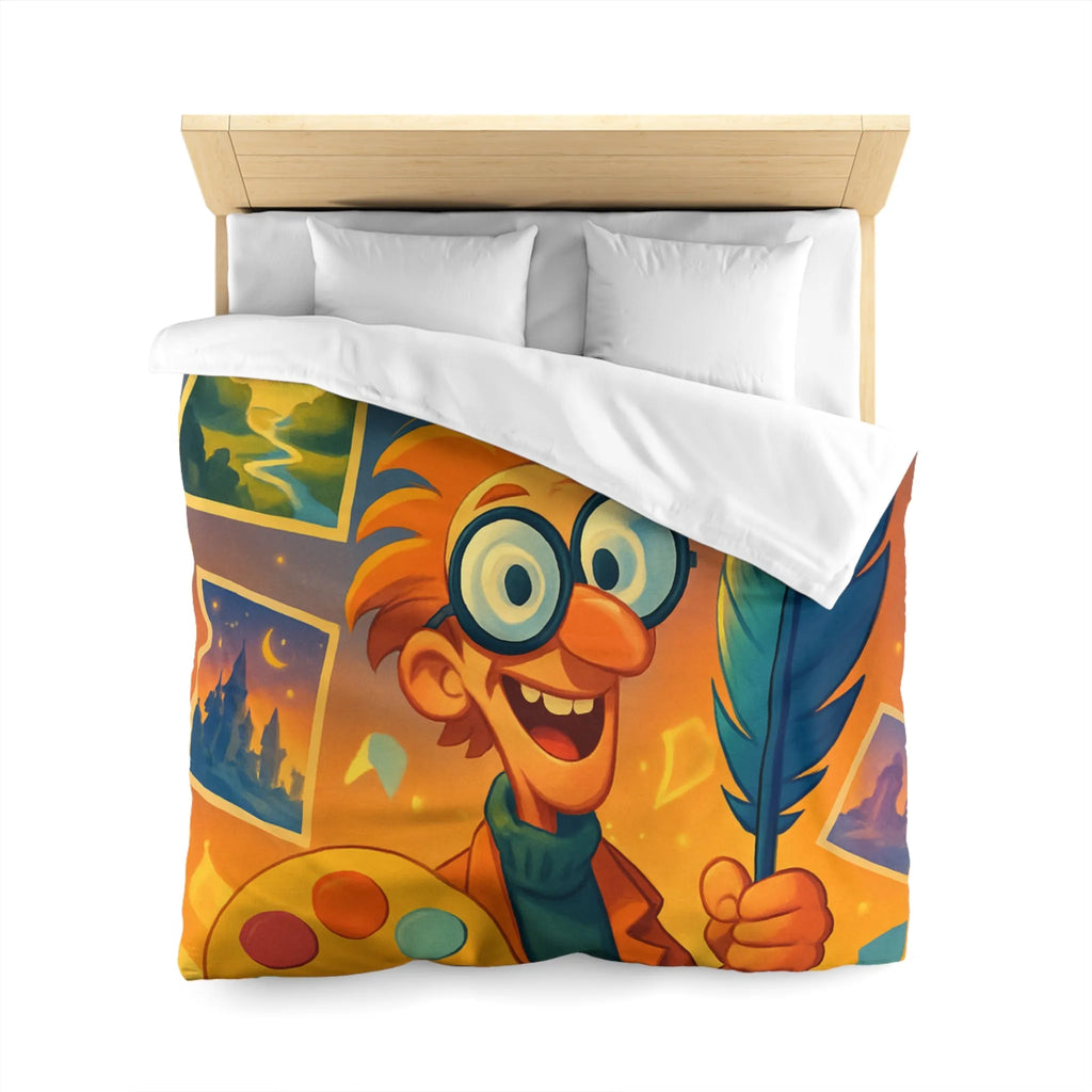 Housse de couette colorée avec paysage de conte de fées et artiste joyeux