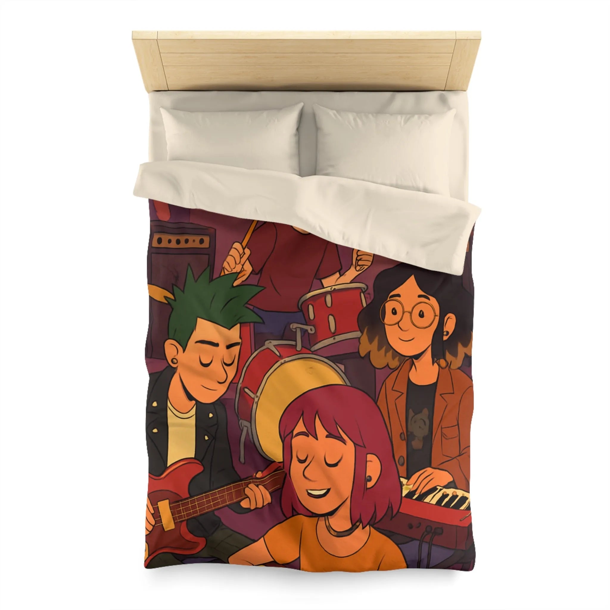 Housse de couette colorée avec jeunes musiciens animés jouant en harmonie joyeuse