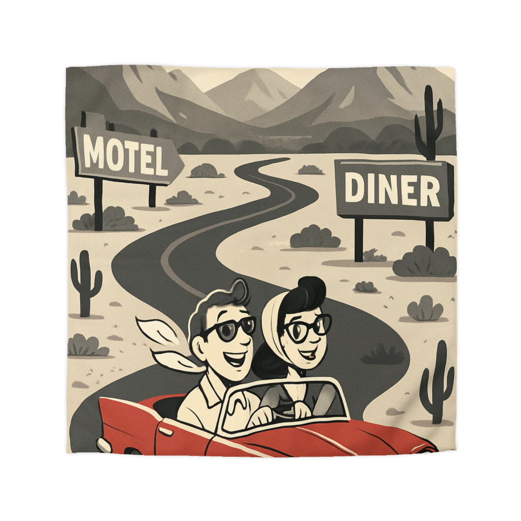Housse de Couette Vintage Route 66: Motif Rétro Voiture Rouge Montagnes Désertiques