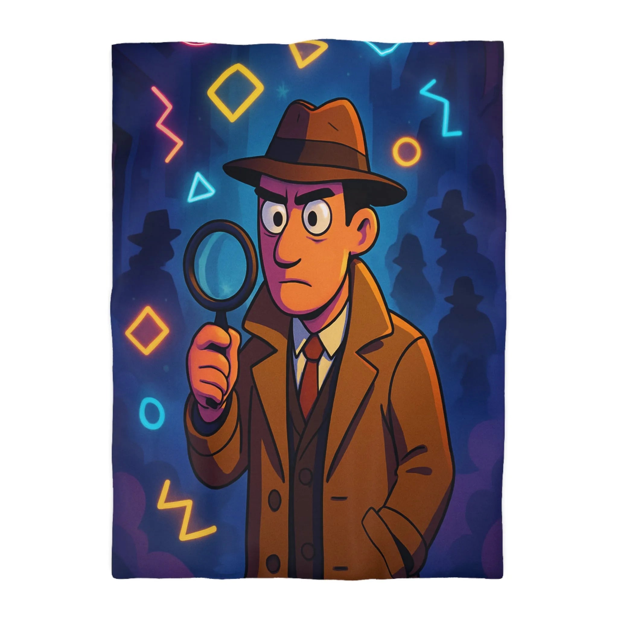 Housse de couette détective rétro avec formes géométriques colorées et ambiance nocturne mystérieuse