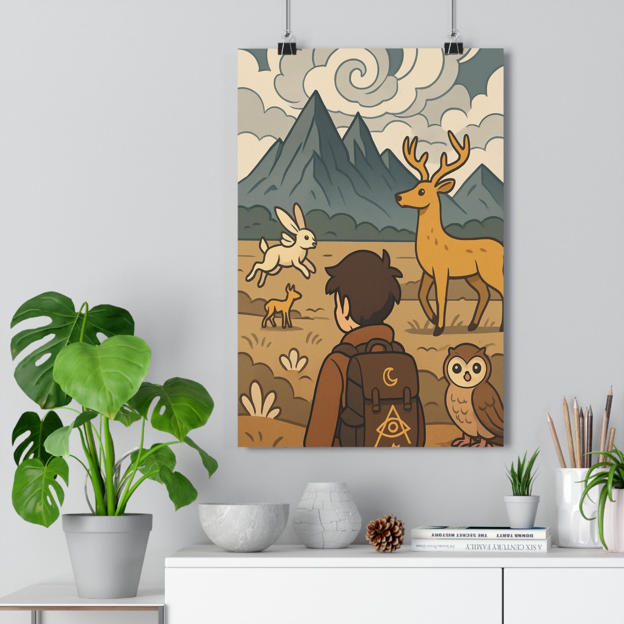 Poster décoratif cartoon vert bleu aventure magique chambre enfant paysage faune dessin animé naturel