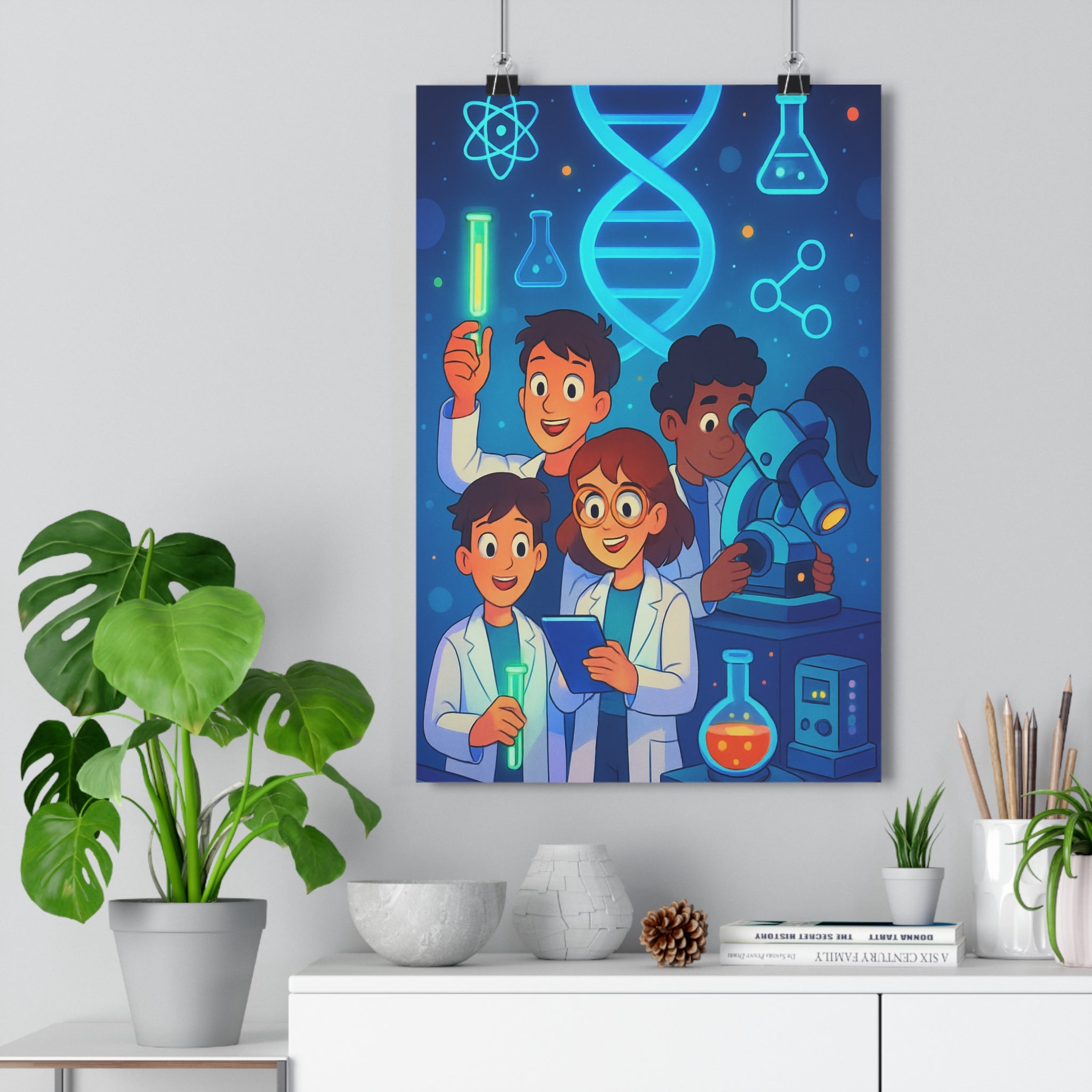Poster décoratif moderne scientifique bleu étoilé aventure chambre enfant éducatif vibrant créatif inspirant original