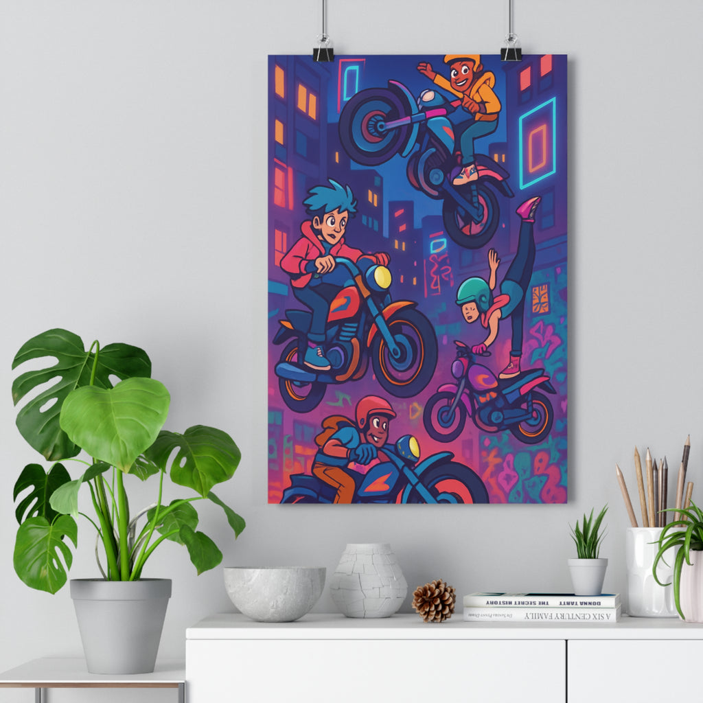 Poster décoratif cartoon dynamique motocross urbain vibrant coloré action chambre salon énergie audacieuse qualité