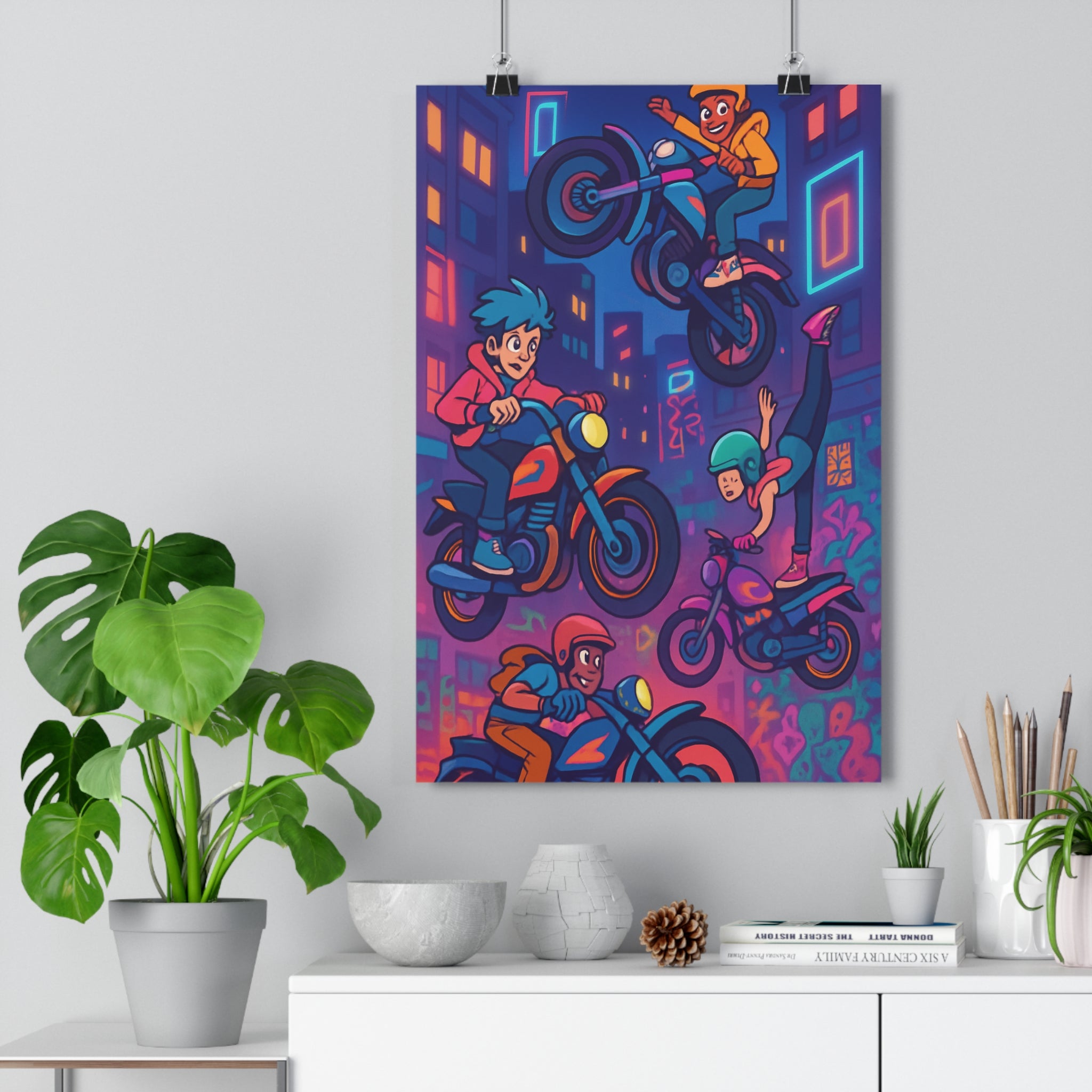 Poster décoratif cartoon dynamique motocross urbain vibrant coloré action chambre salon énergie audacieuse qualité