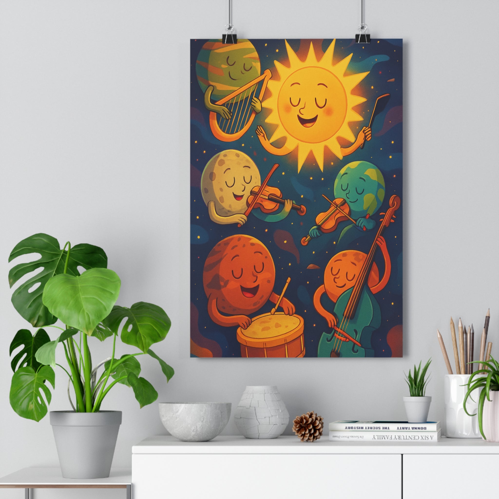 Poster décoratif cartoon solaire enfant joyeux jaune bleu orange chambre musique planètes système ambiance