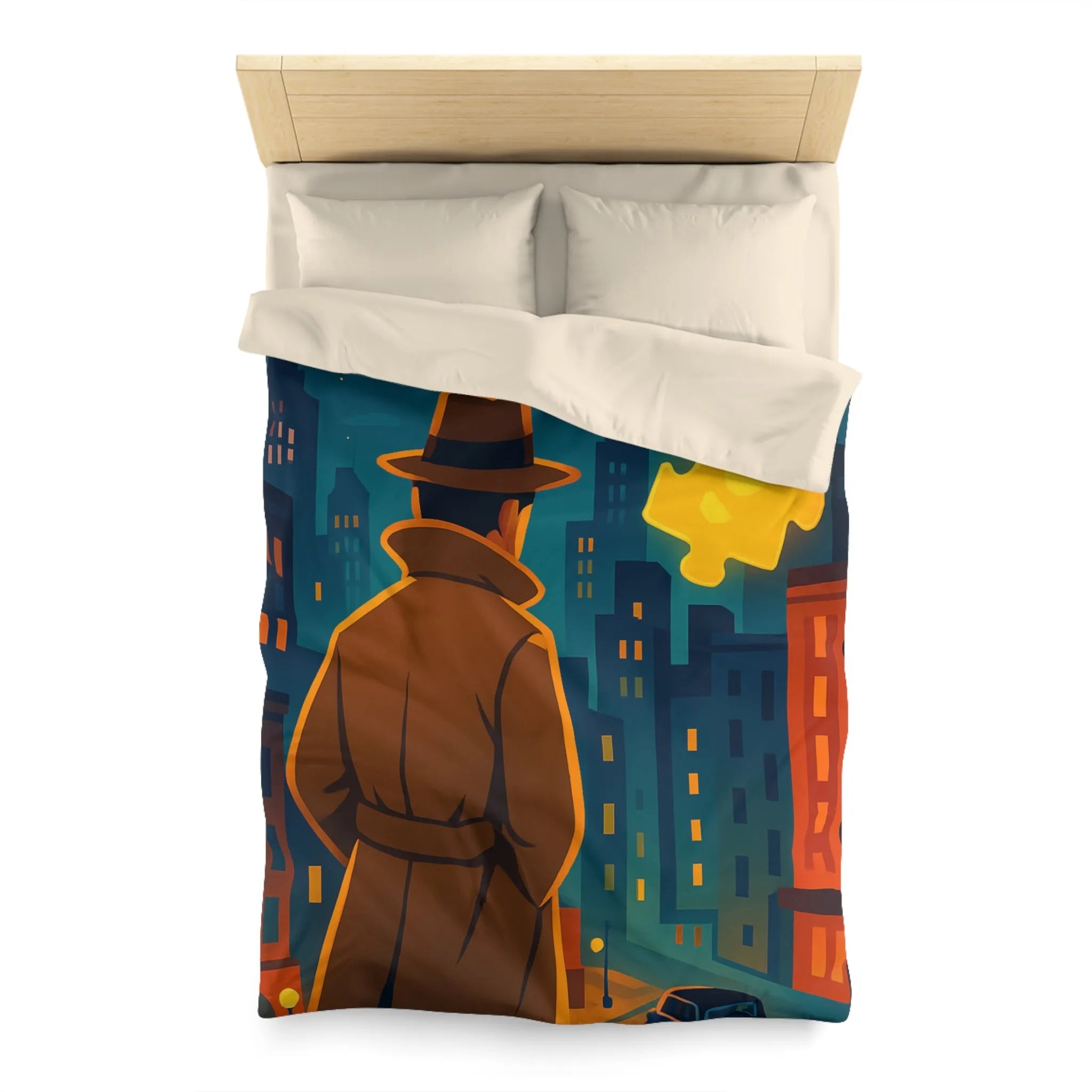 Enquête urbaine rétro avec puzzle lumineux sur housse de couette style détective nocturne