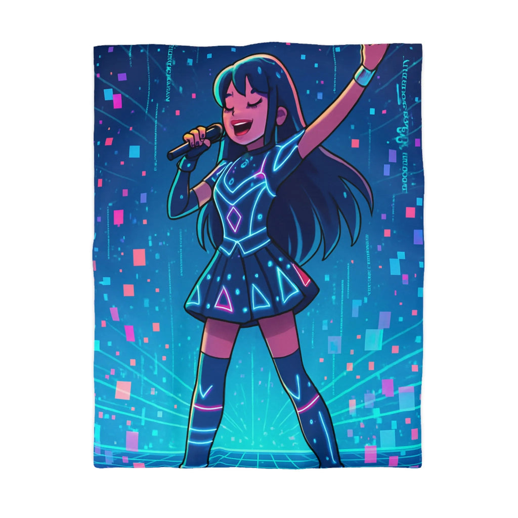 Housse de Couette Fille Chanteuse Néon Style Futuriste Graphiques Lumineux Bleu Rose