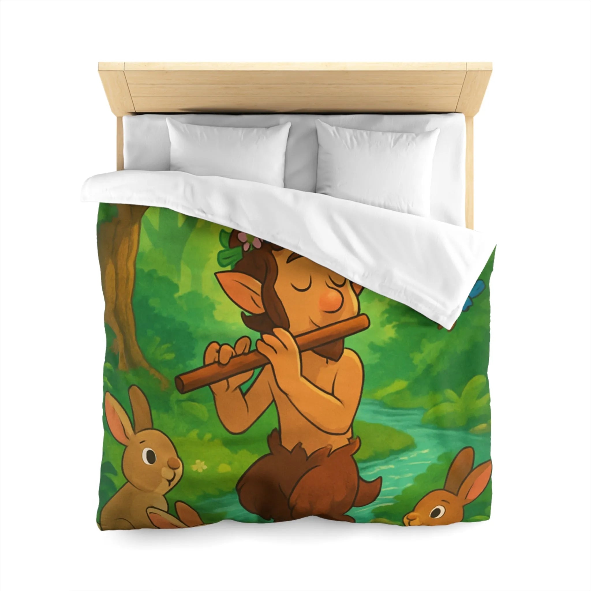 Housse de couette enchantée avec faune légendaire jouant de la flûte au milieu des bois
