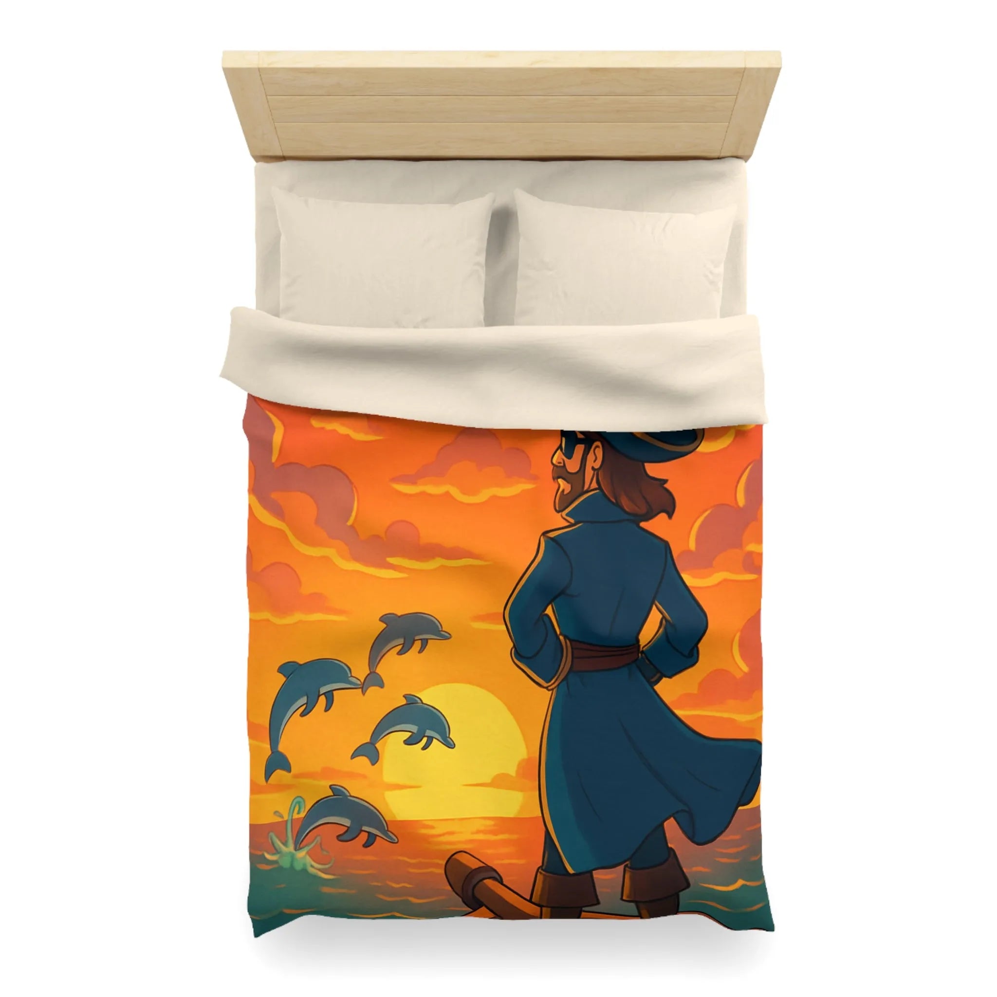 Housse de couette avec pirate contemplant dauphins sous ciel flamboyant au coucher du soleil