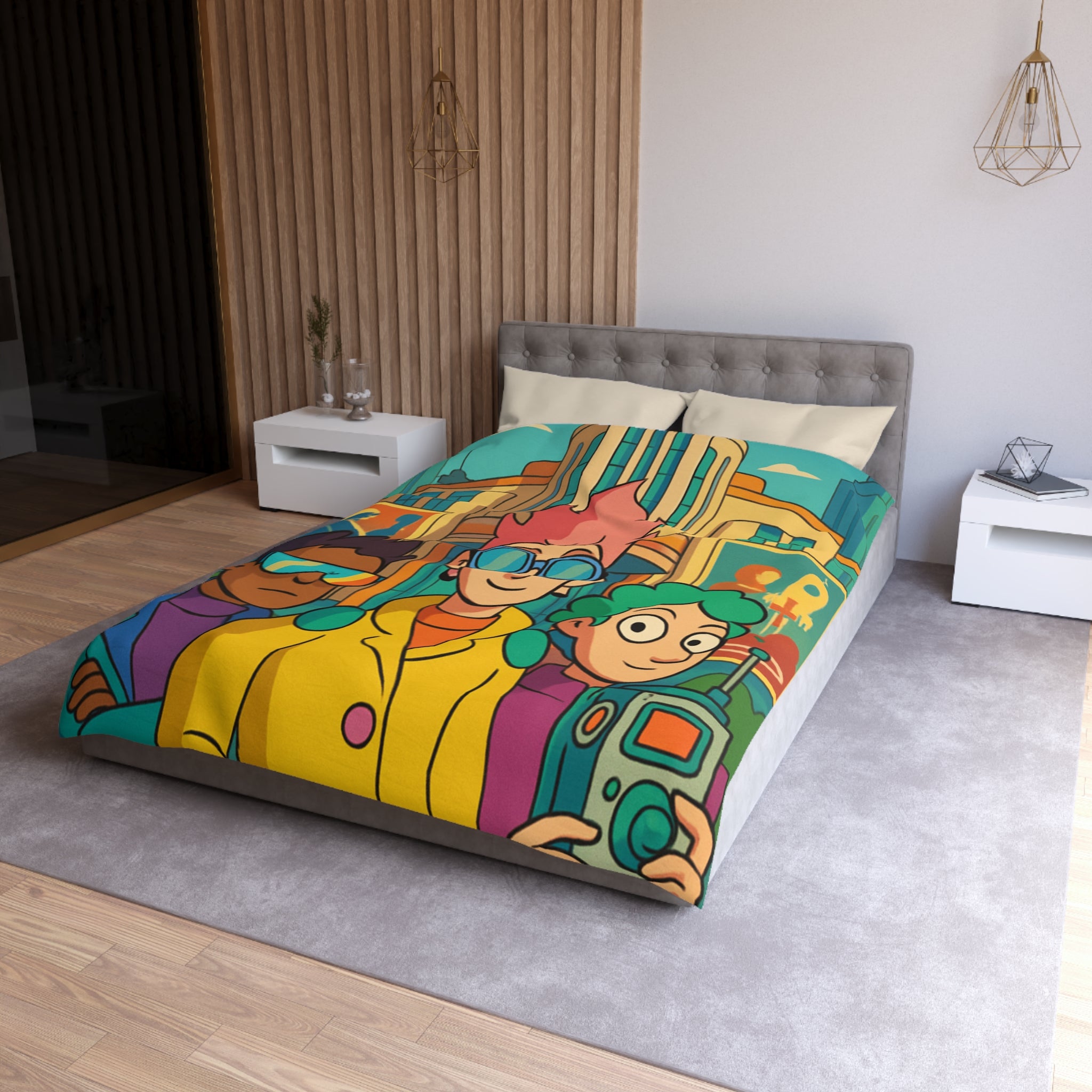 Housse de couette rétro futuriste colorée avec personnages et architecture urbaine stylisée