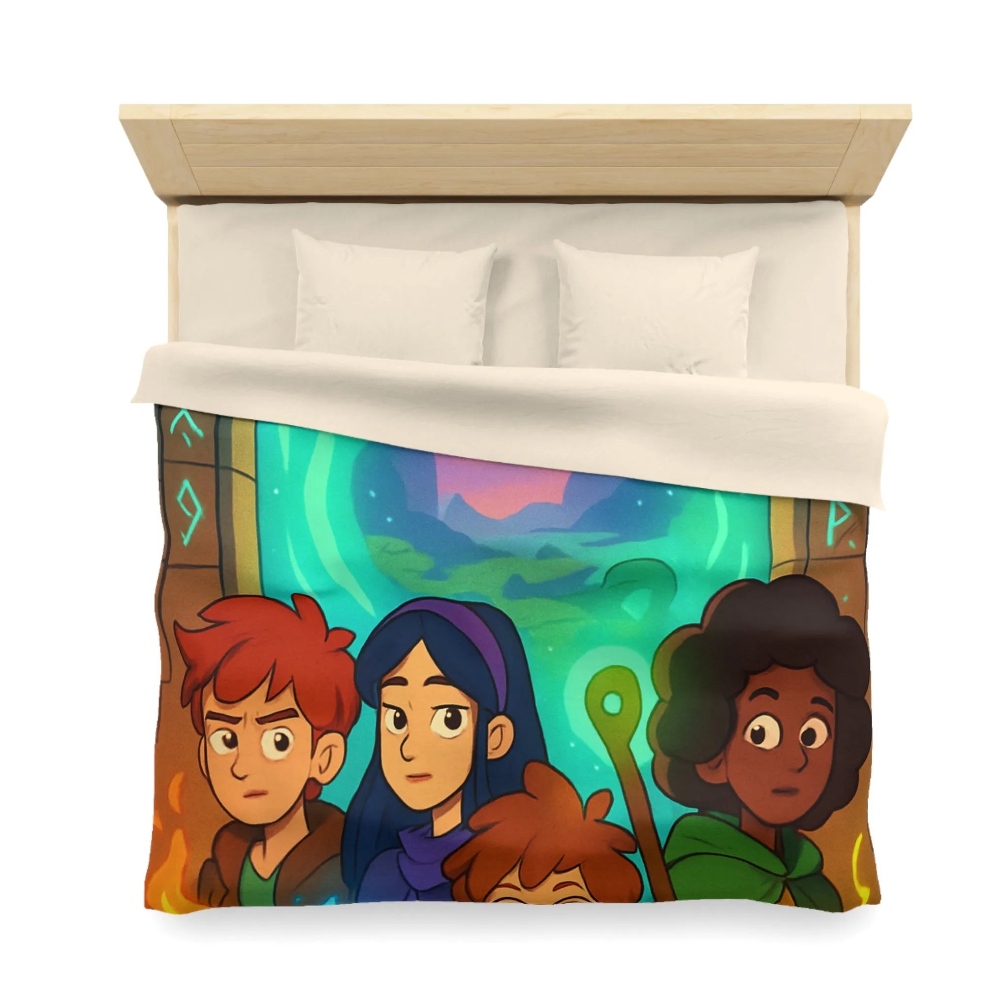 Housse de couette magique avec aventuriers devant portail et runes lumineuses