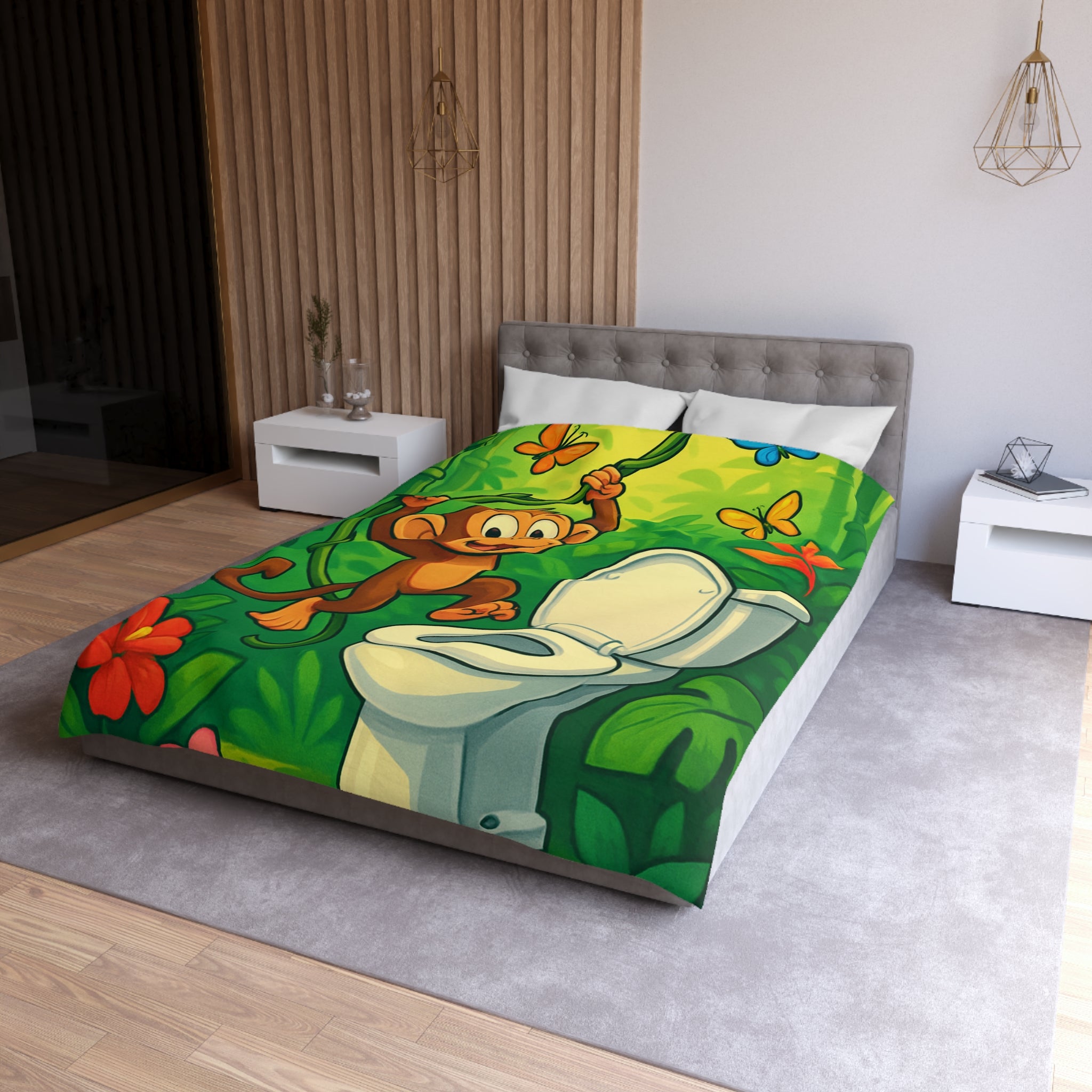Housse de couette pour enfants avec singe joyeux et jungle colorée luxuriante