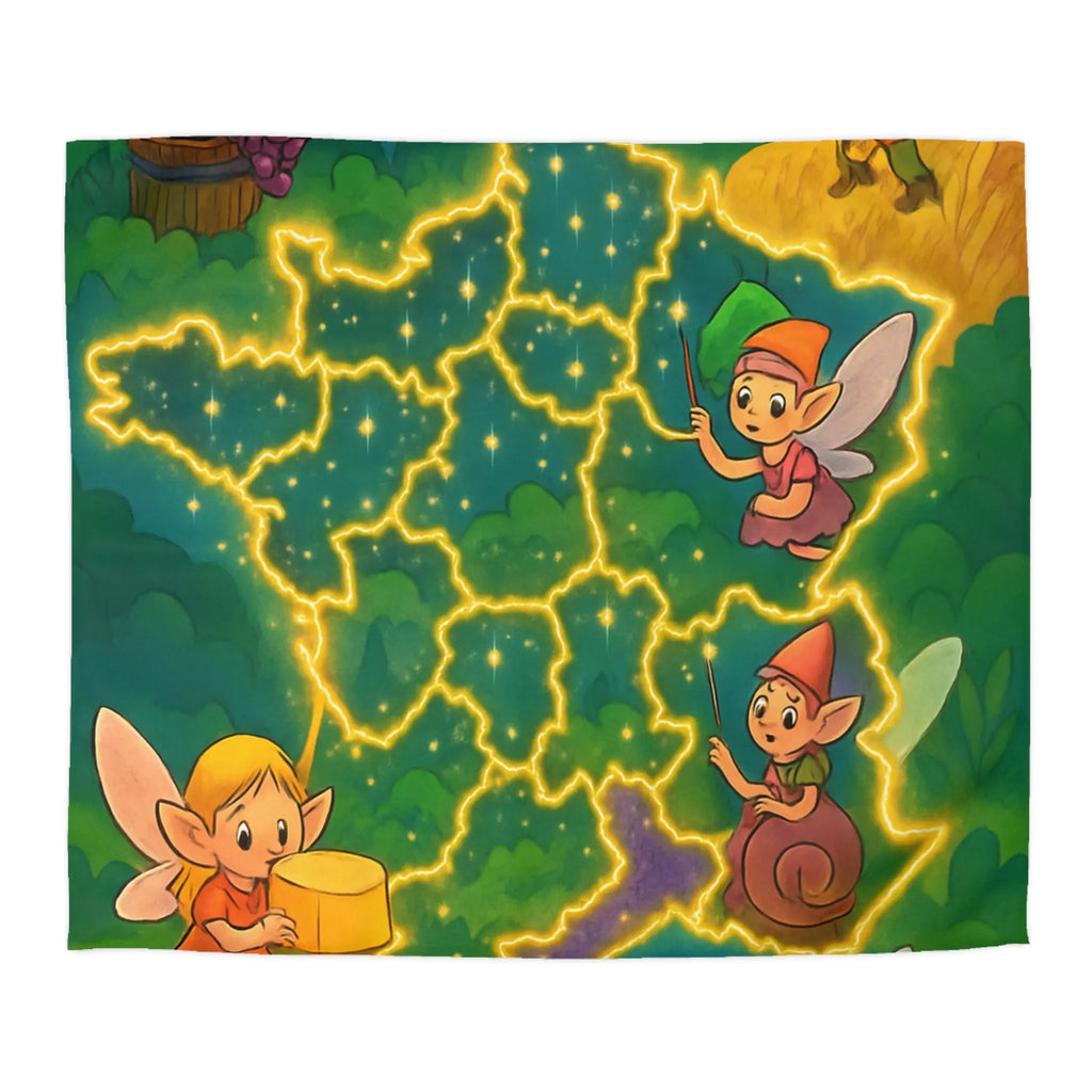 Housse de couette illustrée avec fées et lutins en carte de France enchantée