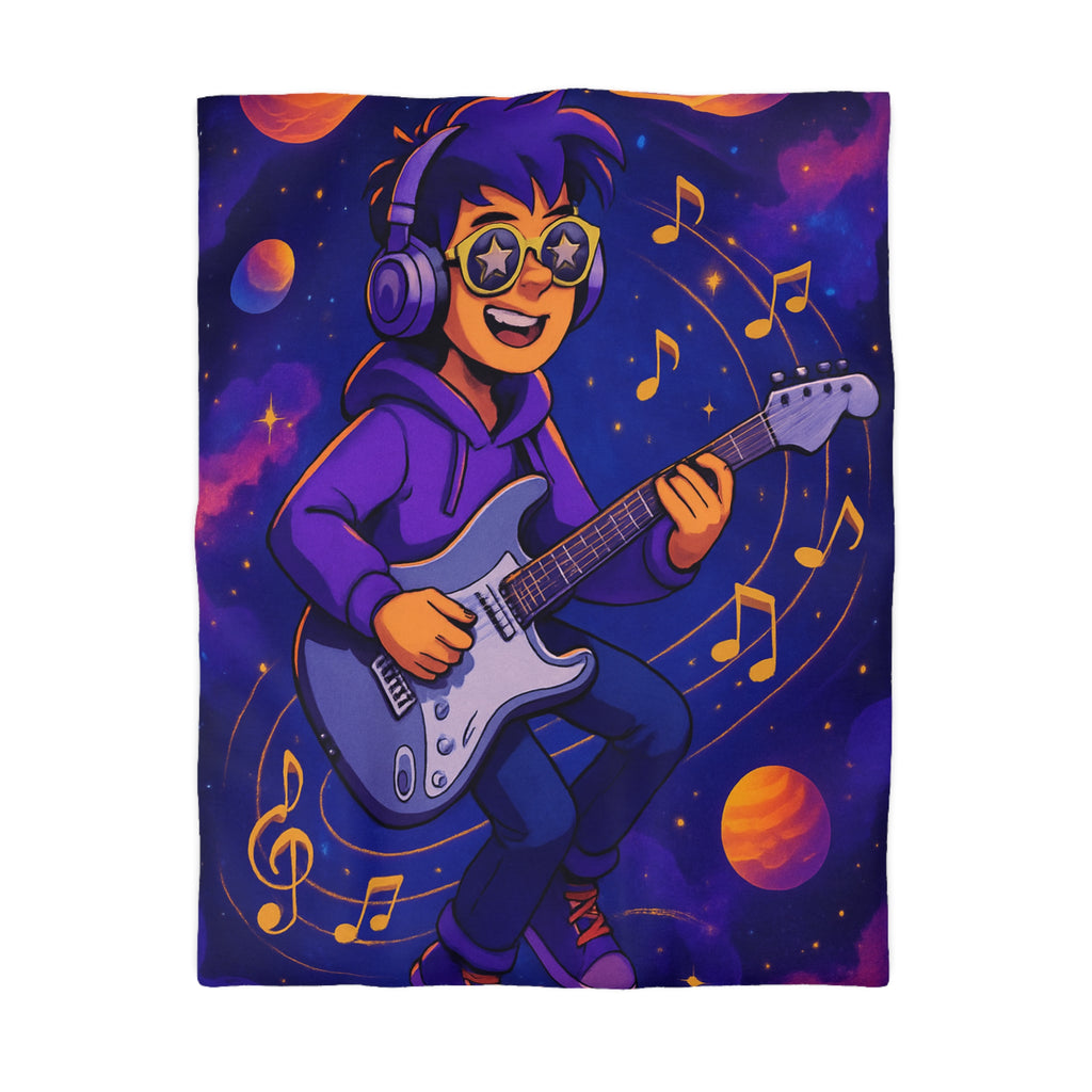 Housse de couette musicale avec planète, guitare et ciel cosmique coloré, ambiance rêveuse