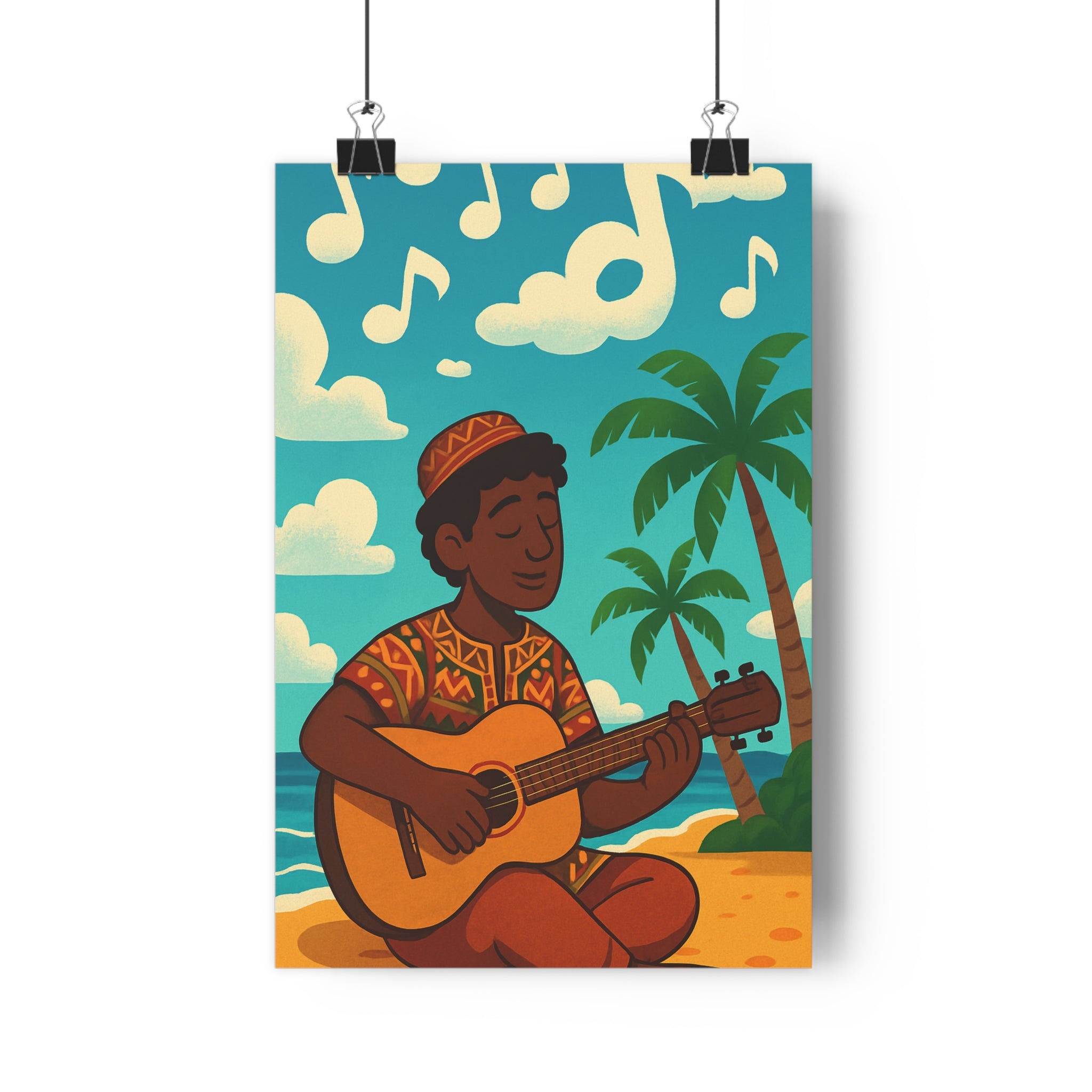 Poster décoratif dessin animé coloré plage joyeux apaisant salon chambre bureau ambiance musique guitare