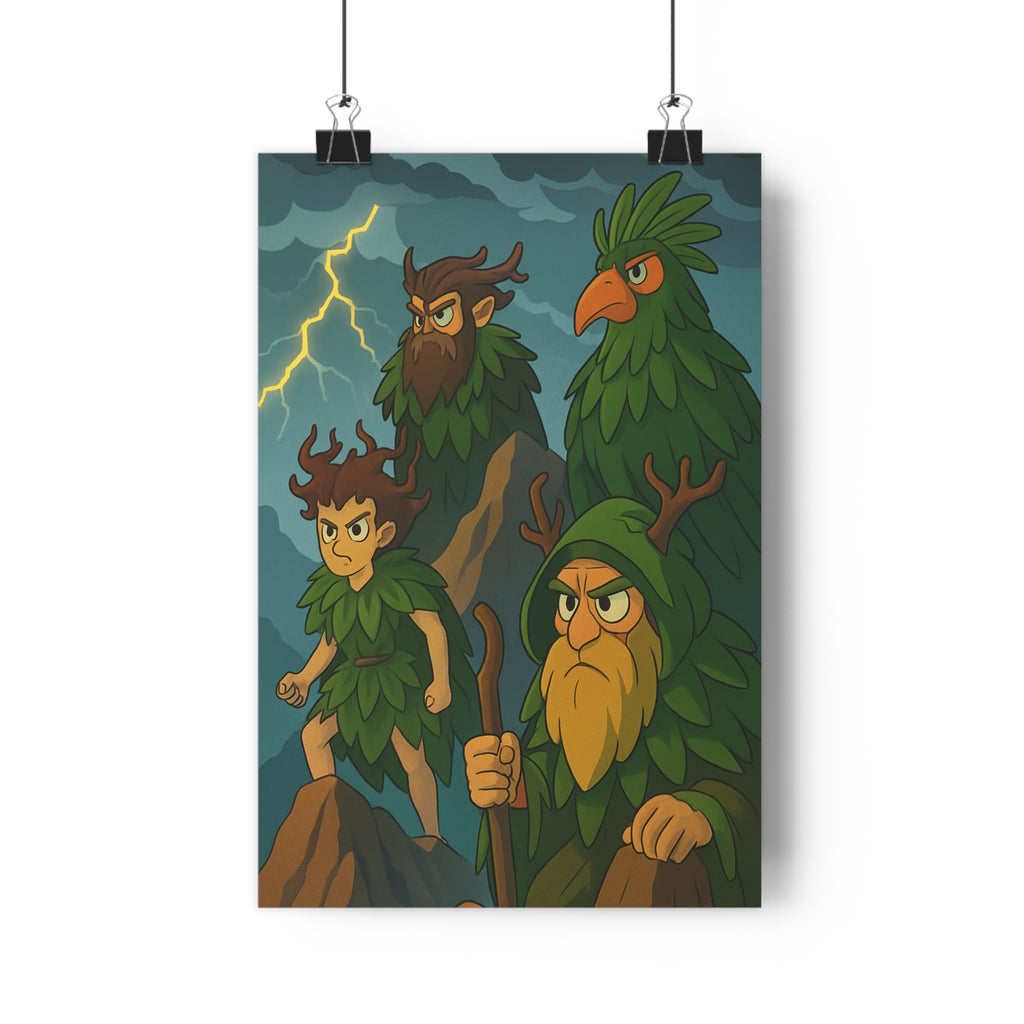 Poster décoratif fantaisie cartoon vert marron aventure montagne garçon créatures chambre salon art unique