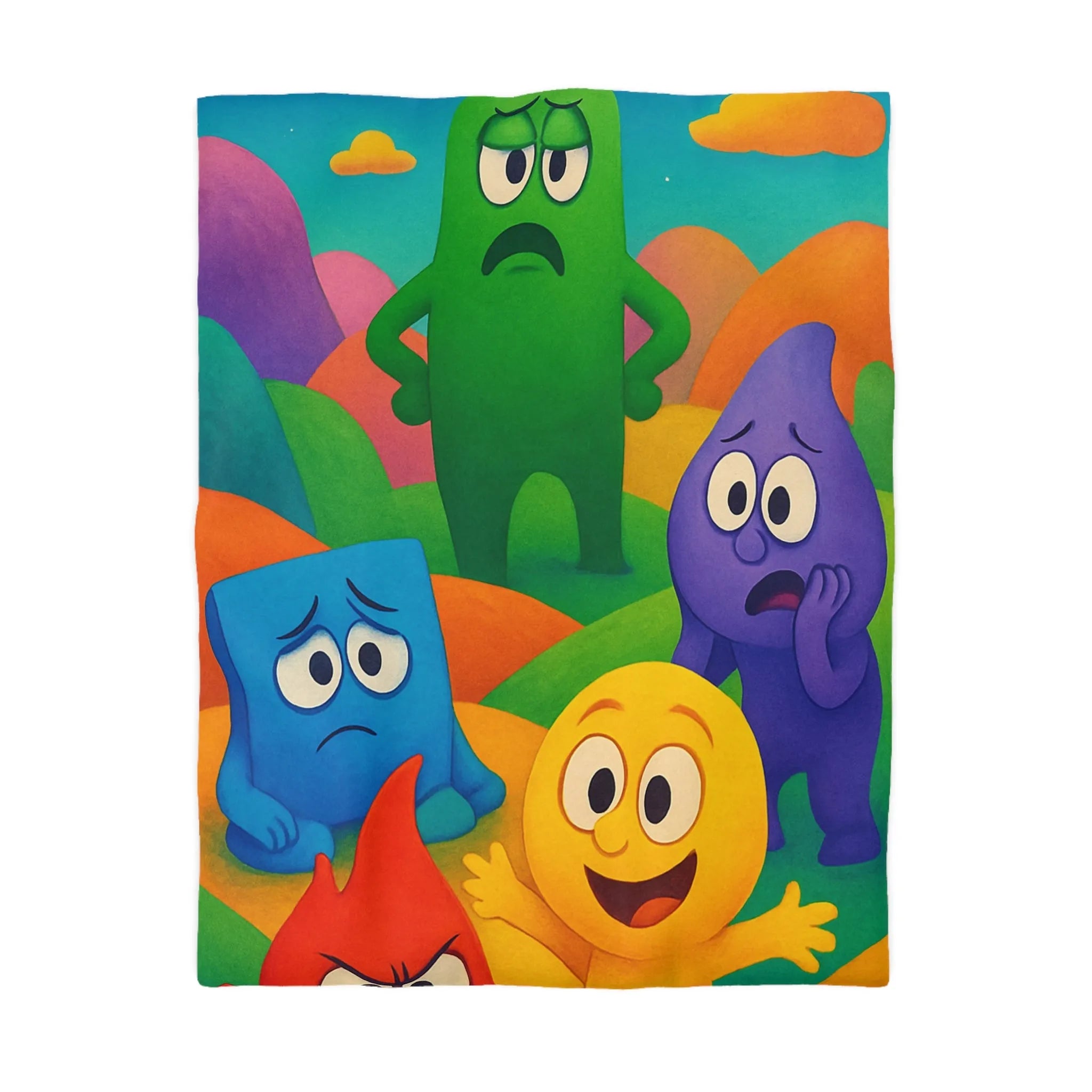 Housse de couette colorée avec personnages expressifs sur fond de collines arc-en-ciel