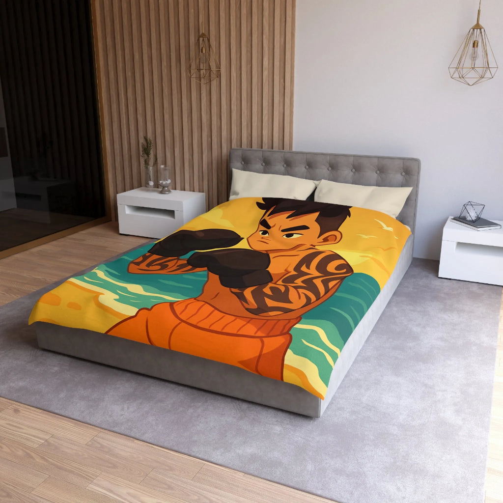 Housse de Couette Boxeur sur Plage Tropicale avec Coucher de Soleil et Mouettes Volantes