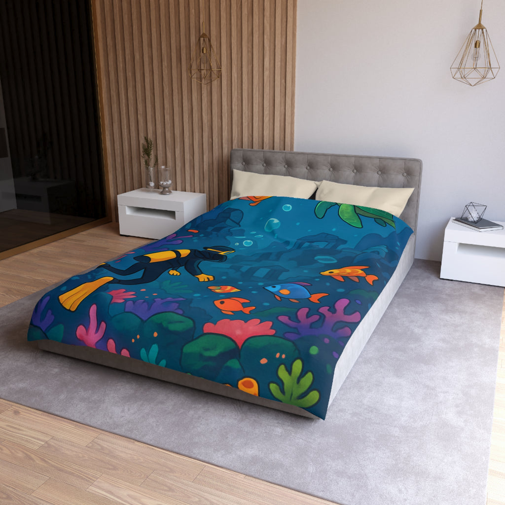 Housse de Couette Requin: Scène Sous-Marine Colorée avec Poissons Exotiques et Tortue