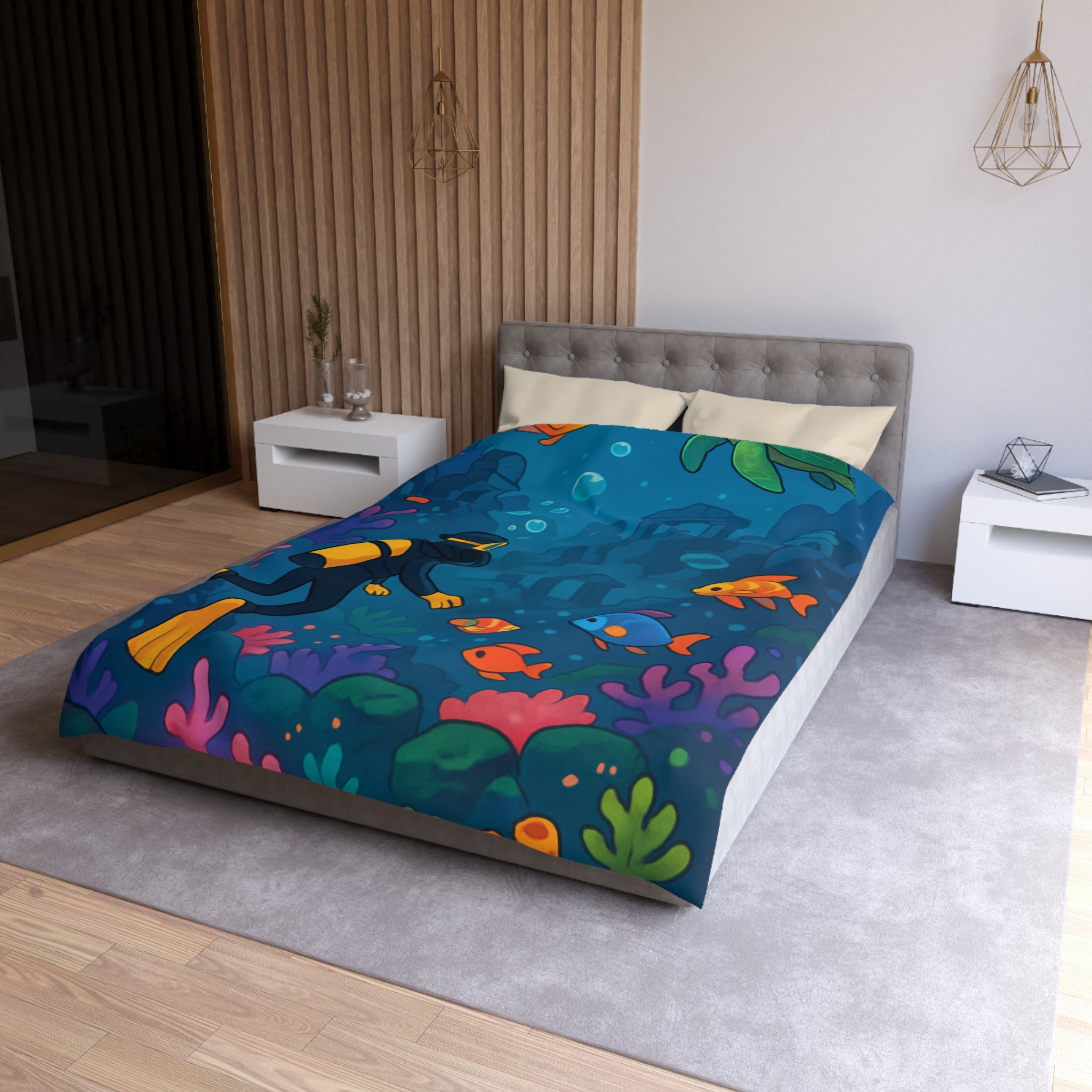 Housse de Couette Requin: Scène Sous-Marine Colorée avec Poissons Exotiques et Tortue