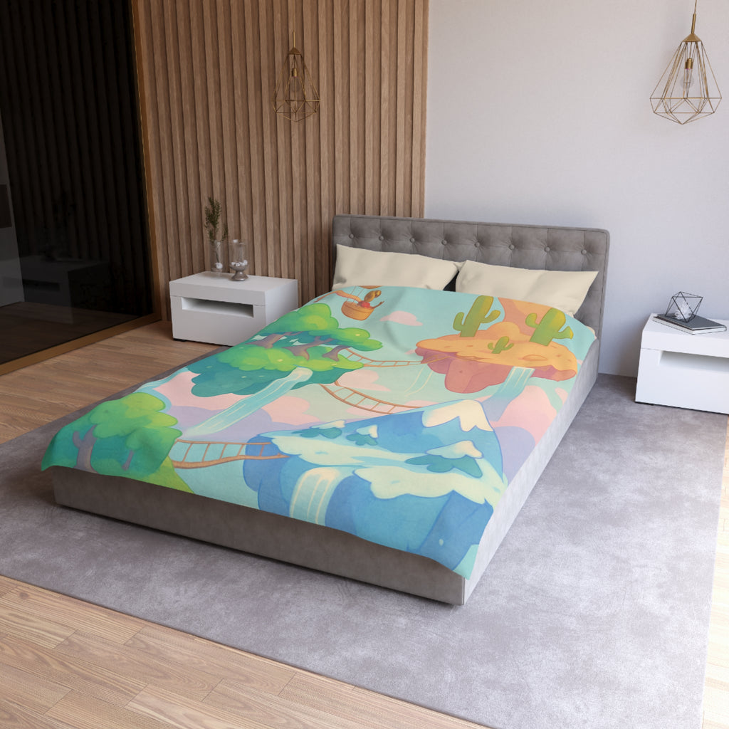 Housse de couette rêveuse avec montgolfière et îles flottantes féeriques en pastel