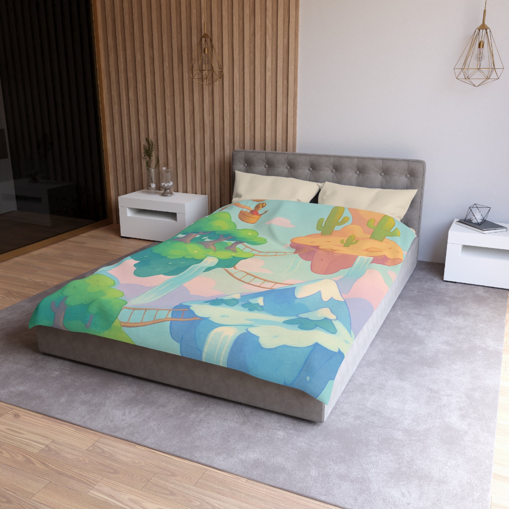 Housse de couette rêveuse avec montgolfière et îles flottantes féeriques en pastel