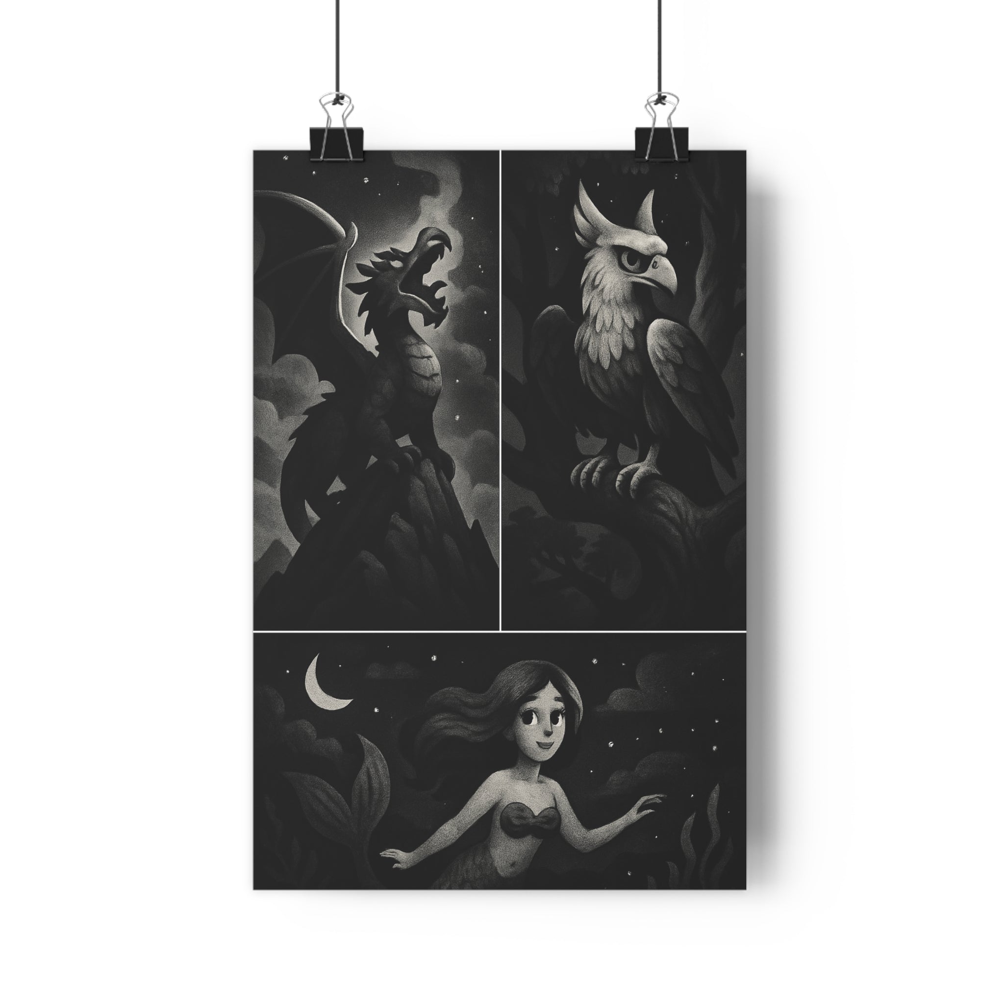 Poster décoratif noir blanc fantasy mystique salon chambre bureau art dragon griffon sirène tendance