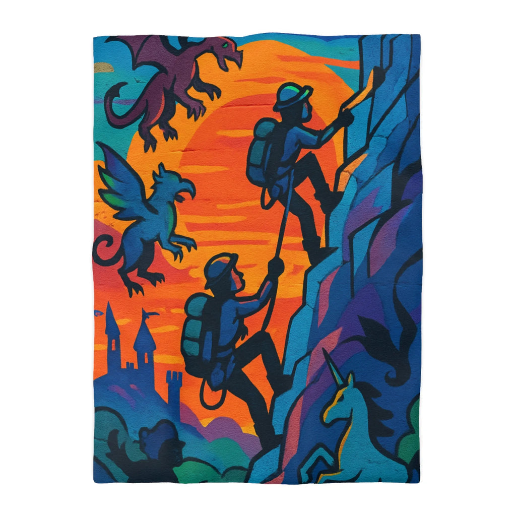 Housse de couette aventure fantastique avec montagnes, créatures mythiques et coucher de soleil