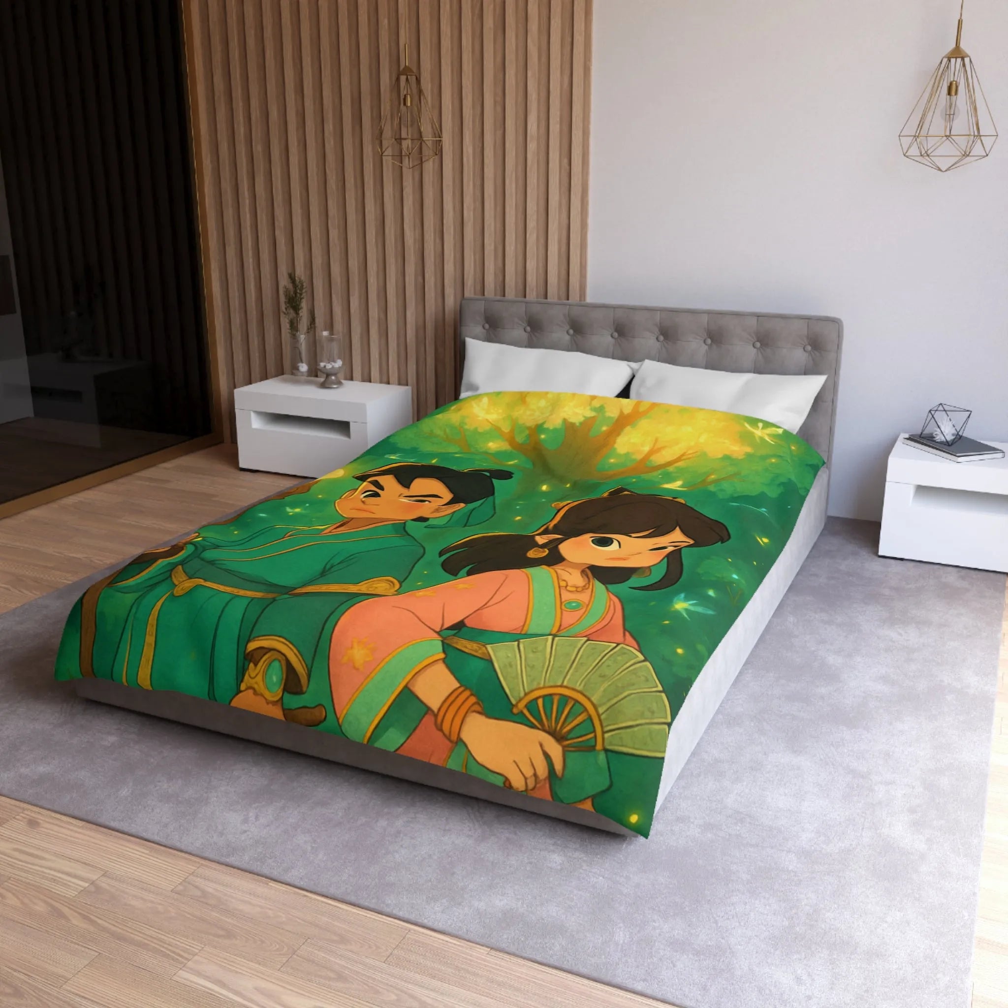 Housse de Couette Féérique Enfants avec Arbre Lumineux et Personnages Style Fantasy Coloré