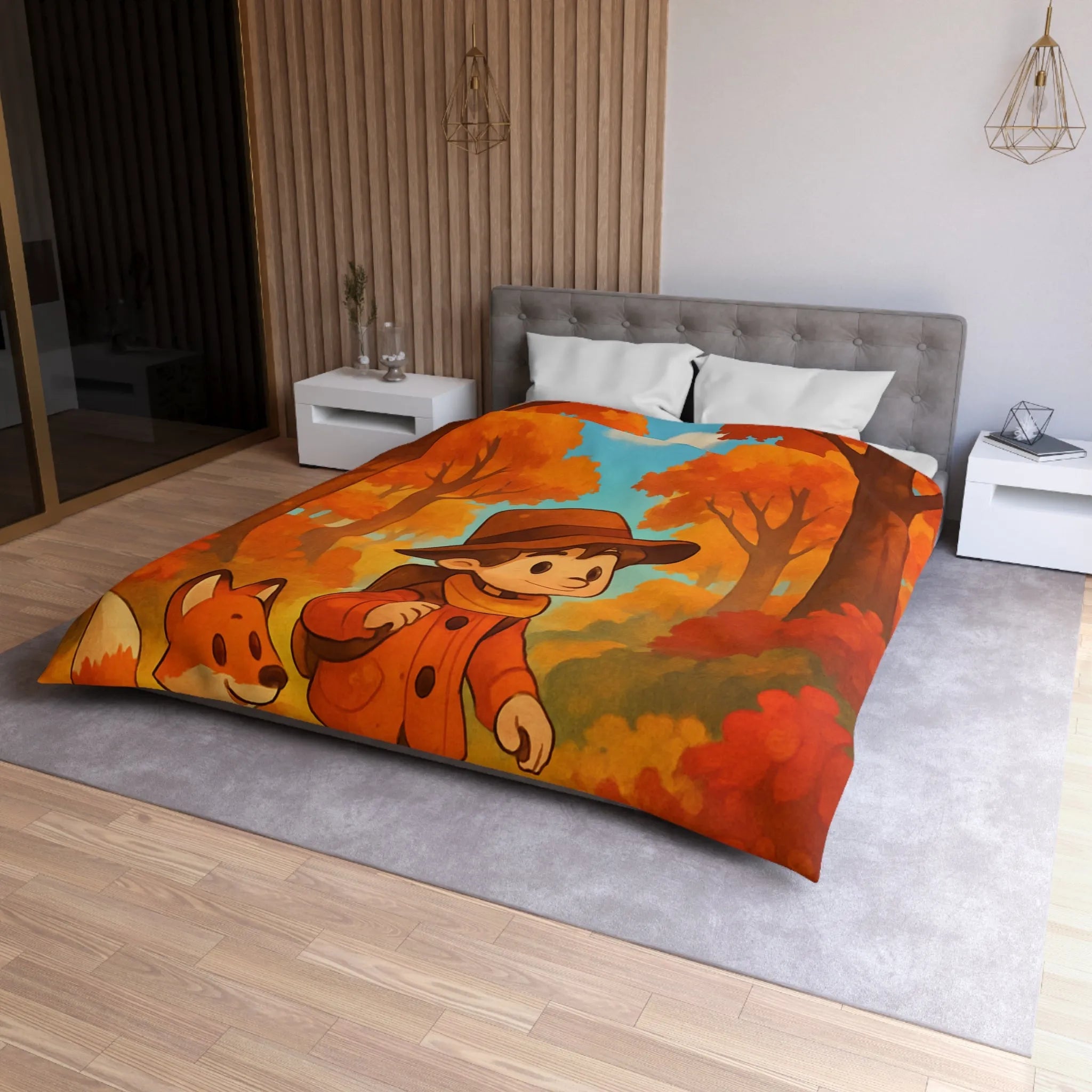 Housse de couette enfant colorée aux tons automnaux avec un renard et un garçon