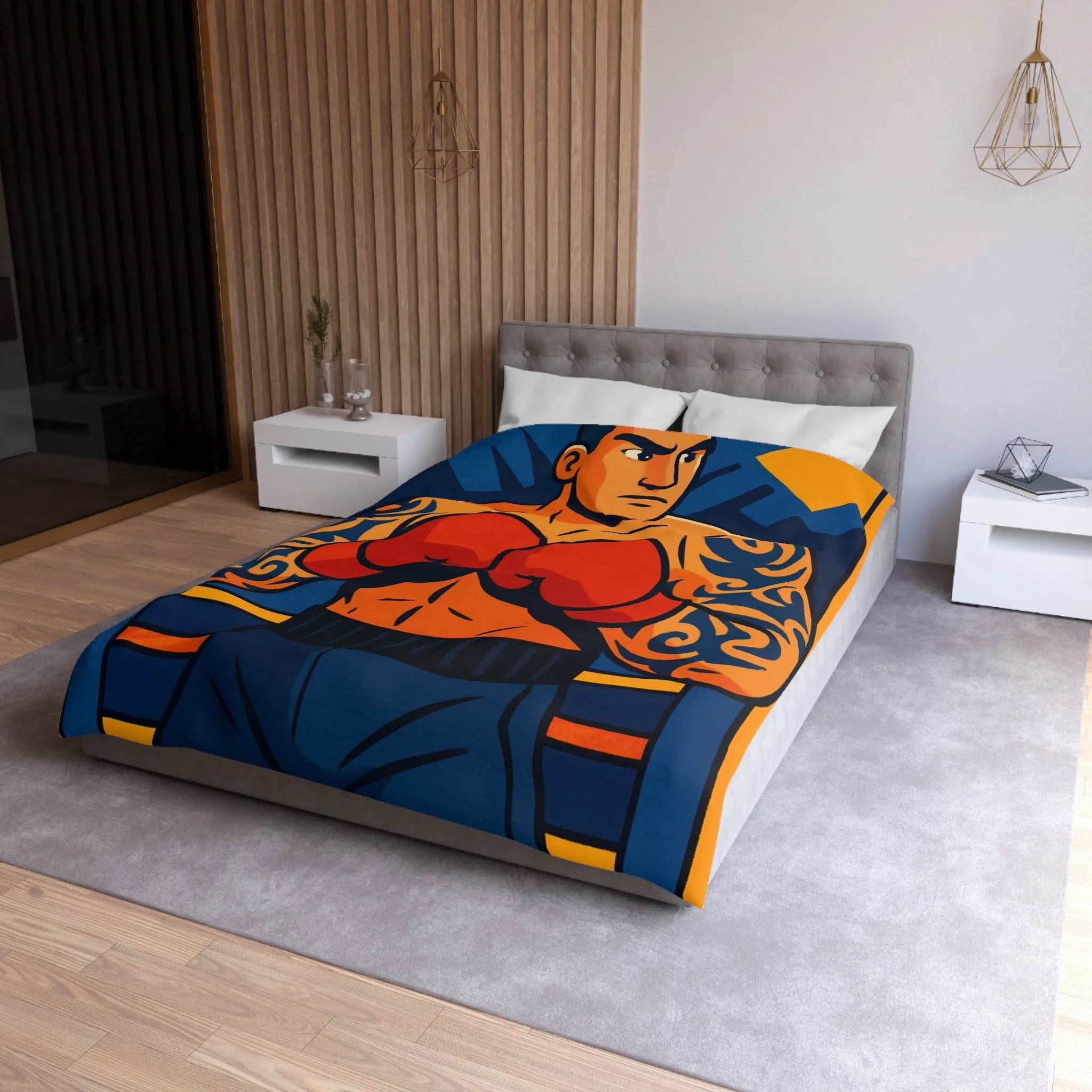 Housse de couette illustrée avec boxeur tatoué en style vectoriel coloré et dynamique