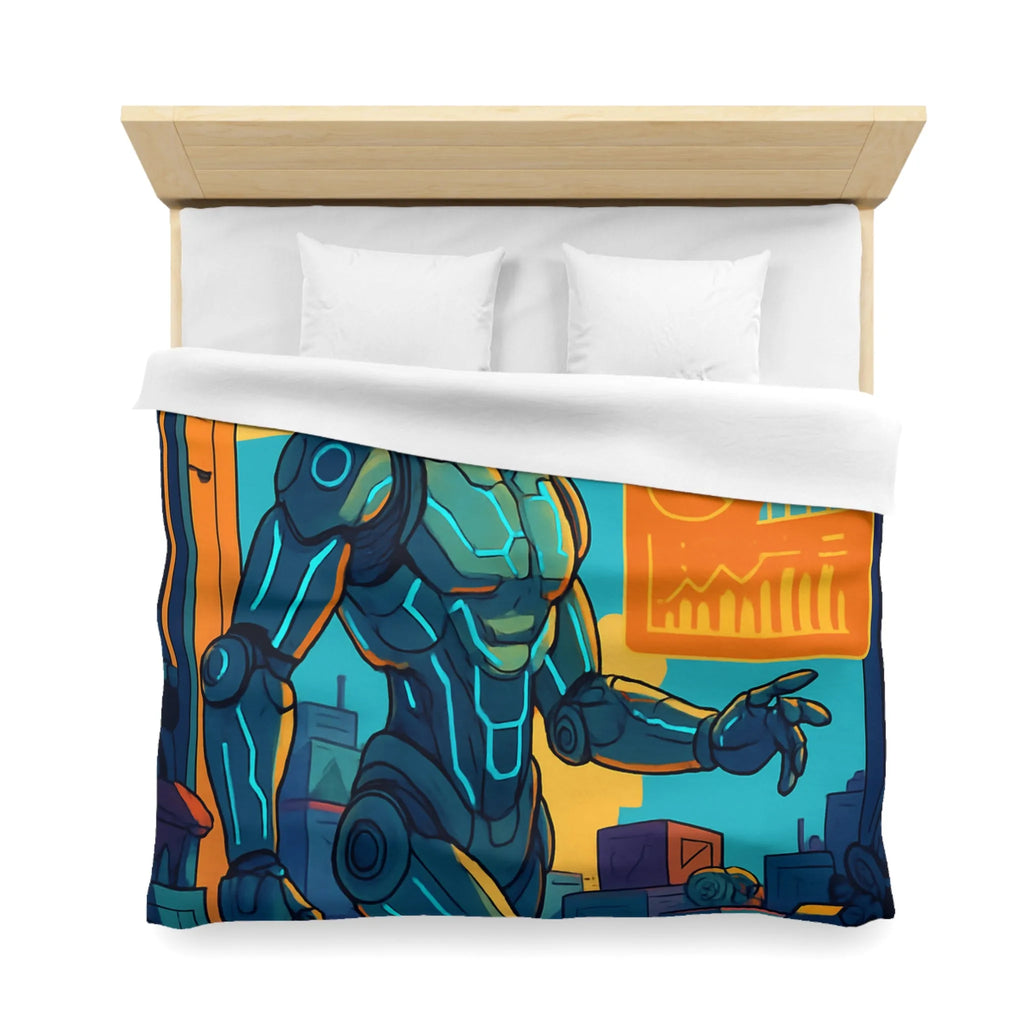 Housse de couette futuriste avec robot et drones, couleurs vives et graphiques modernes