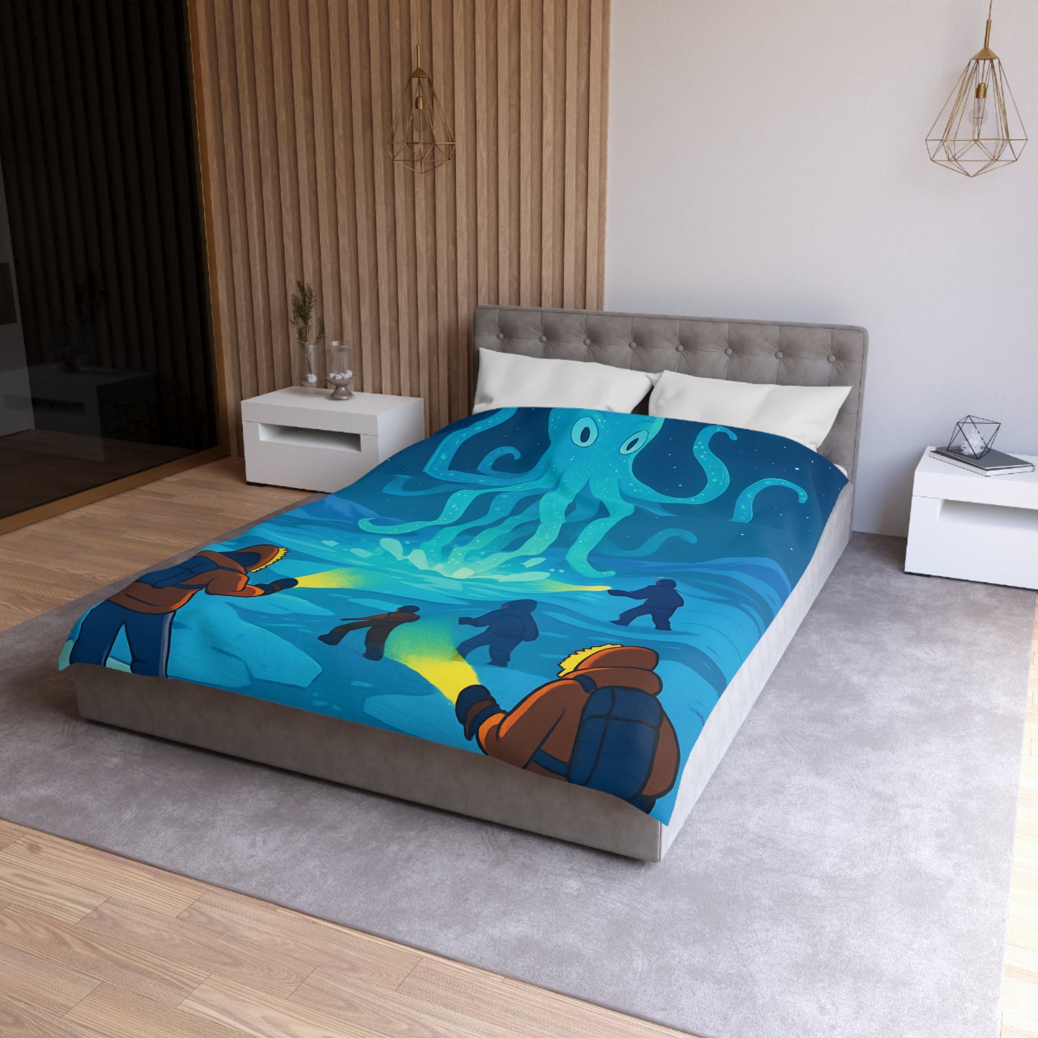 Nuit polaire avec pieuvre géante luminescente sous ciel étoilé et aventuriers en doudoune