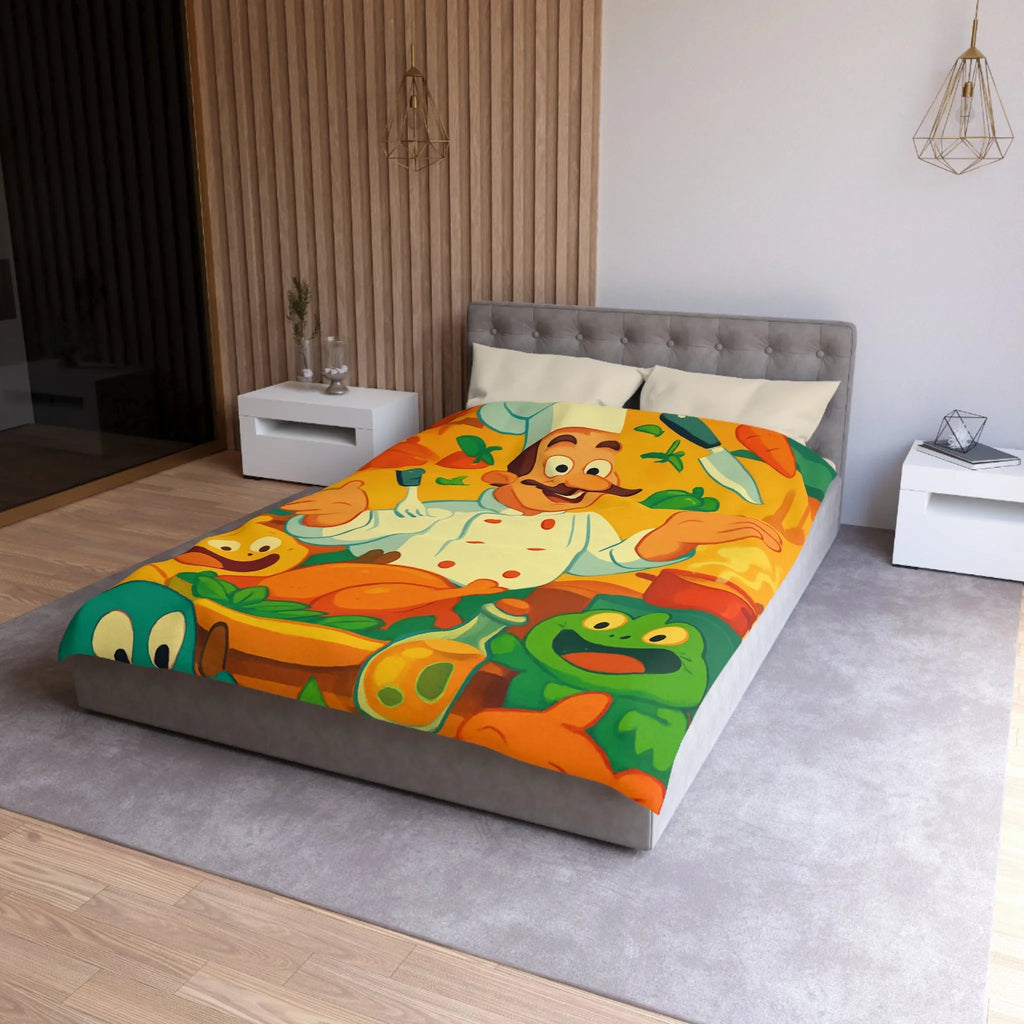 Housse de couette colorée avec chef animé, légumes et ustensiles pour enfants