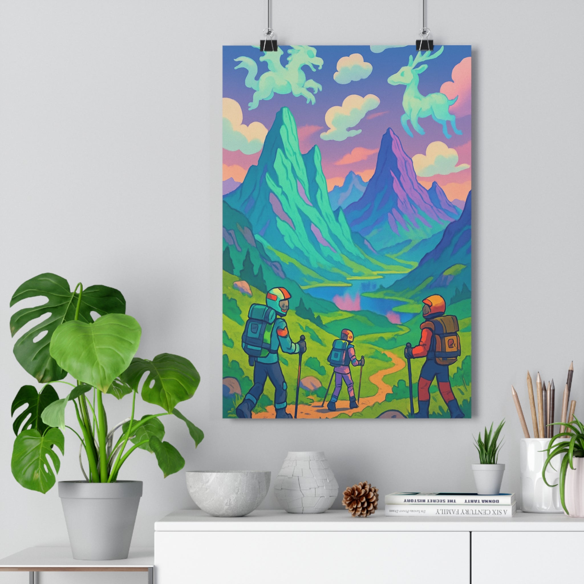 Poster décoratif surréaliste bleu vert rose montagnes aventure salon bureau nature 30x46 captivant qualité